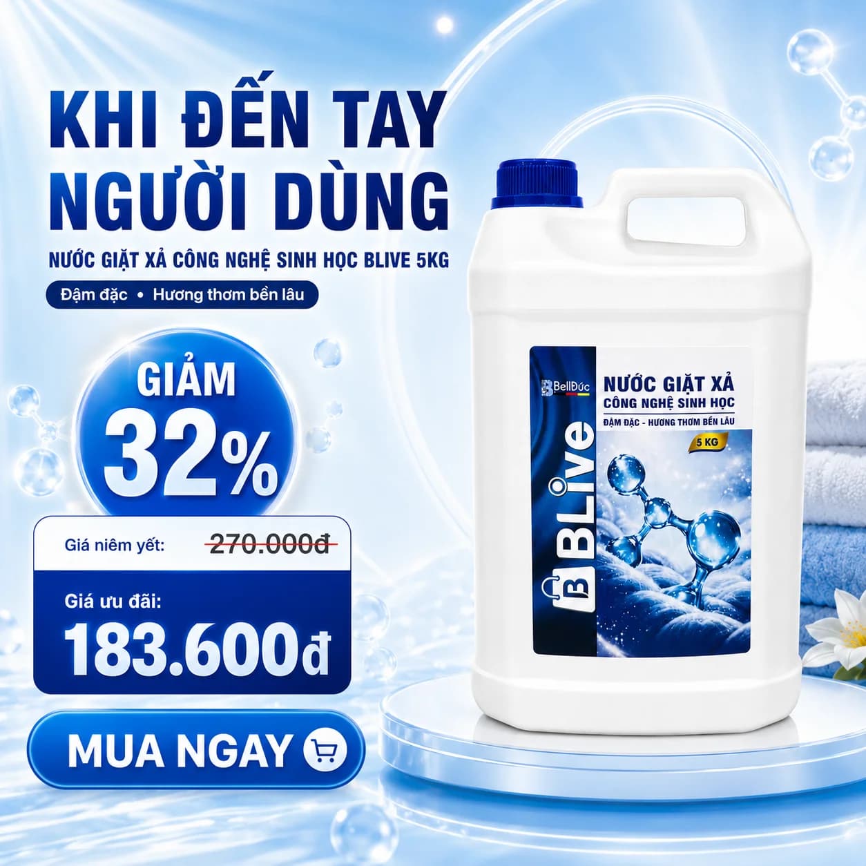 5kg Nước Giặt Xả Cao Cấp Công Nghệ Sinh Học Blive (Xanh Dương)