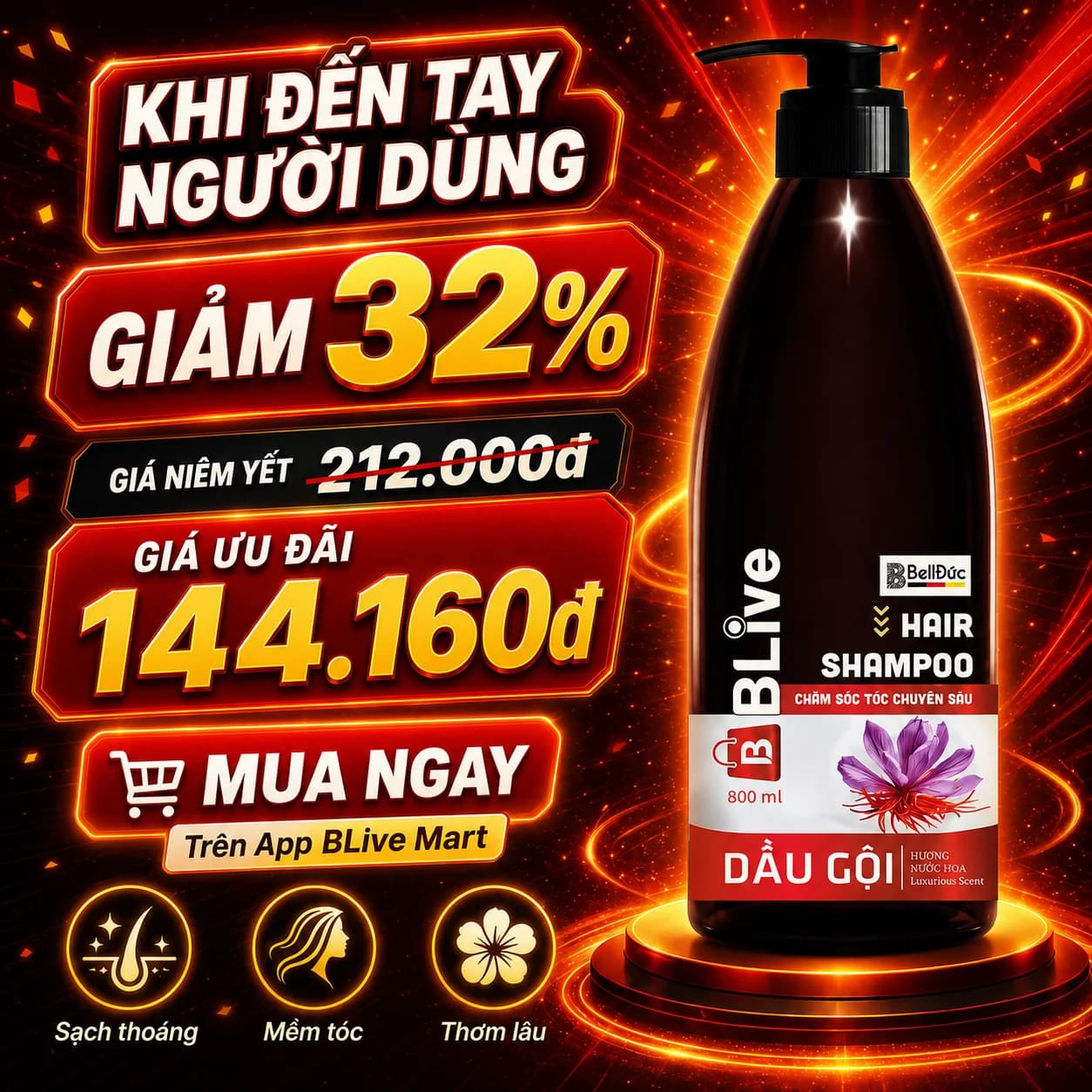 Dầu Gội Cao Cấp Blive Hair Shampoo Hương Nước Hoa 800ml (Chai tròn nâu tem đỏ)