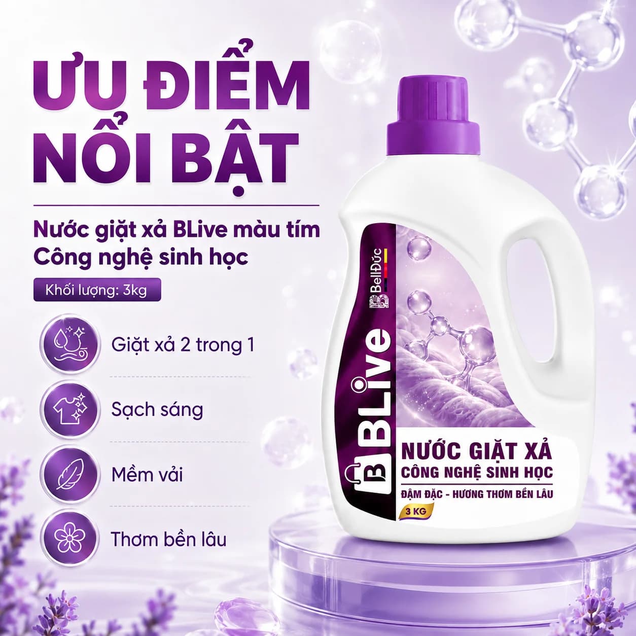 3kg Nước Giặt Xả Cao Cấp Công Nghệ Sinh Học Blive Can Tím