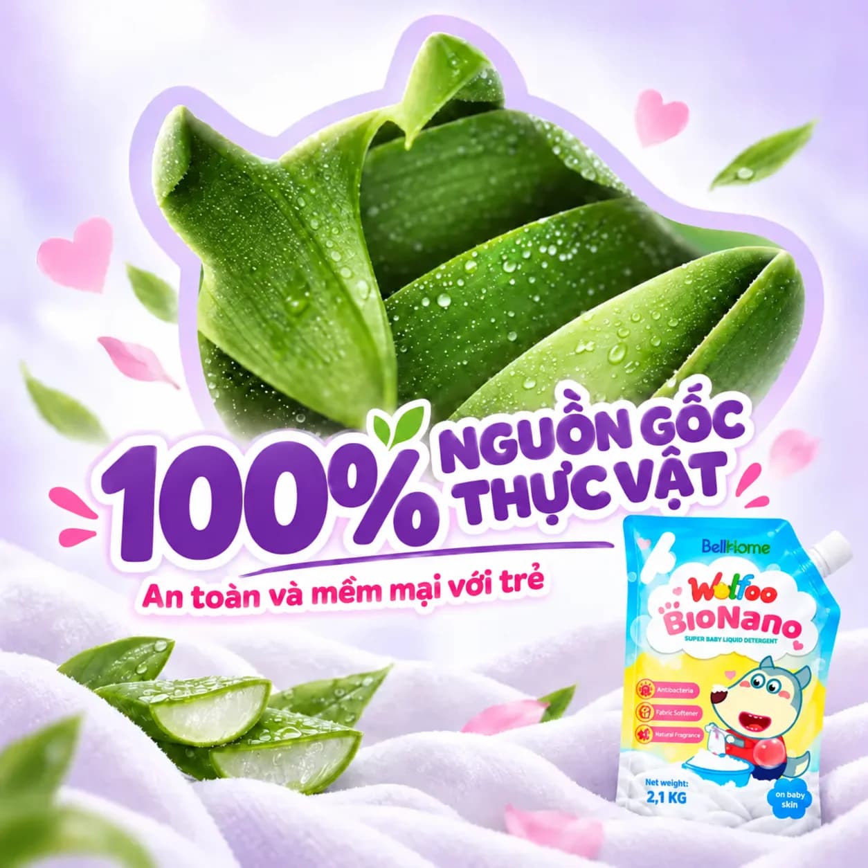 2,1kg Túi Nước Giặt Xả Cao Cấp Công Nghệ Sinh Học Dành Cho Bé Baby Wolfoo Siêu Lành Tính (Màu Xanh)