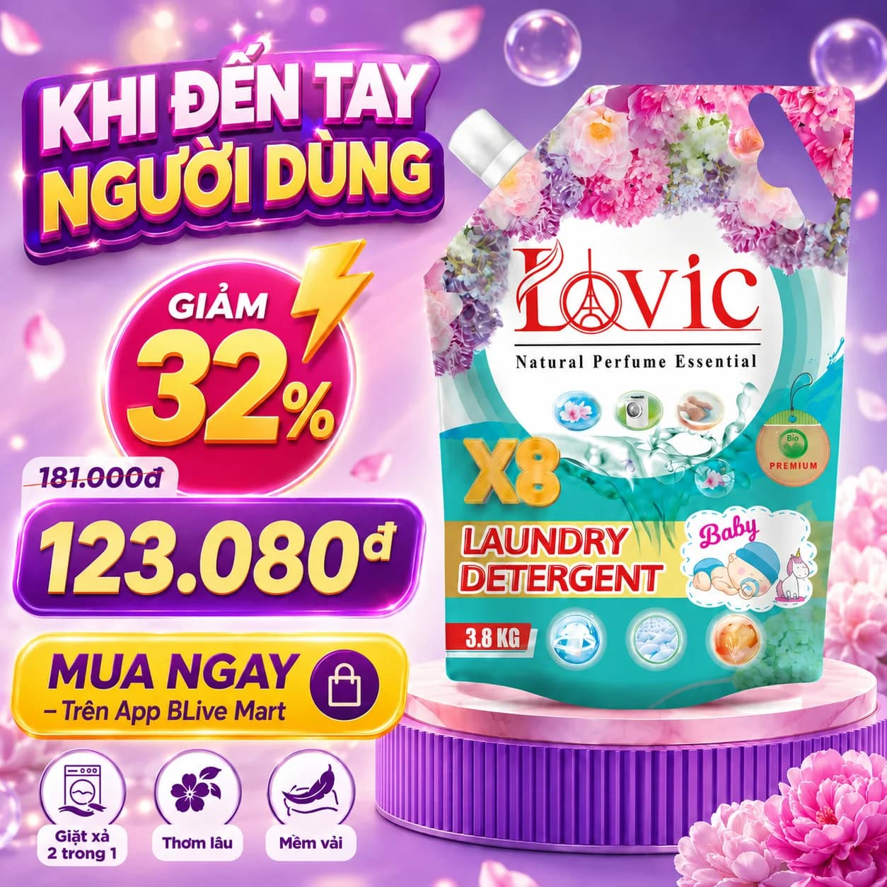 3,8kg Nước Giặt Xả Cao Cấp Công Nghệ Sinh Học Lovic Hương Lộc Biếc (Túi Xanh)
