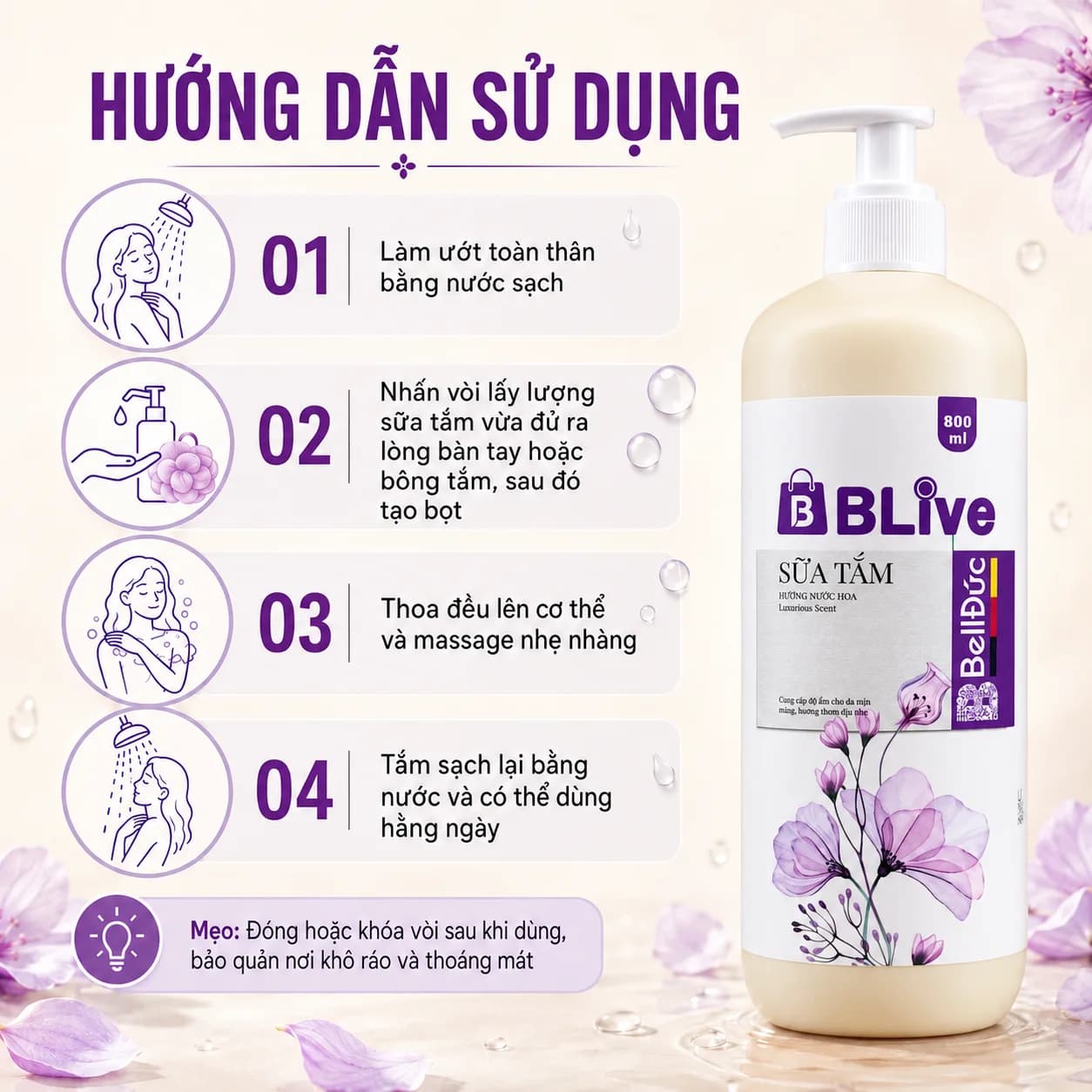 Sữa Tắm Cao Cấp Blive Hương Nước Hoa 800ml (Chai tròn HD tem tím)