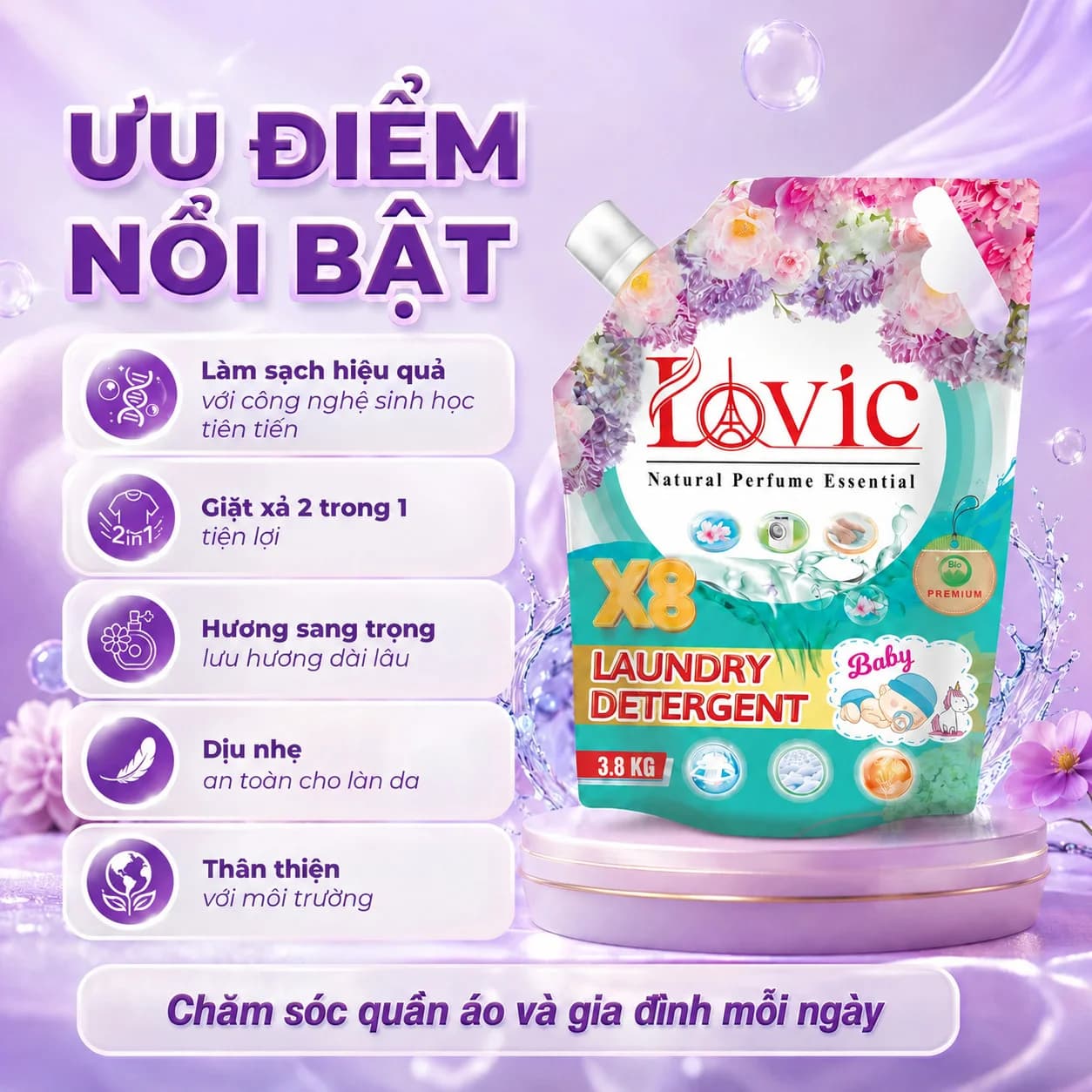 3,8kg Nước Giặt Xả Cao Cấp Công Nghệ Sinh Học Lovic Hương Lộc Biếc (Túi Xanh)