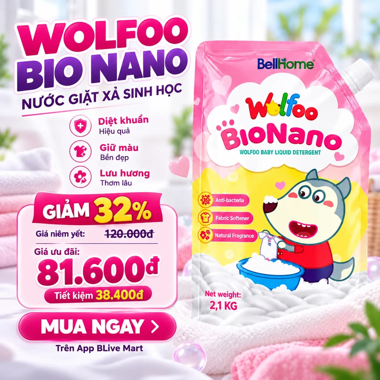 2,1kg Túi Nước Giặt Xả Cao Cấp Công Nghệ Sinh Học Dành Cho Bé Baby Wolfoo, Siêu Lành Tính (Màu Hồng)