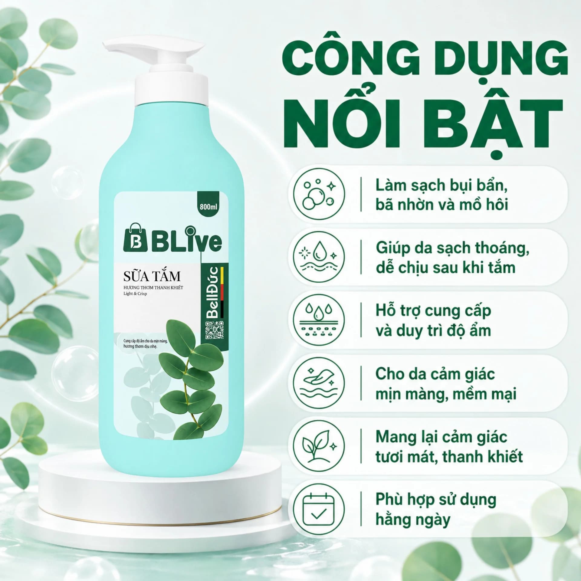 Sữa Tắm Cao Cấp Blive Hương Thanh Khiết 800ml (Thảo dược vương xanh)