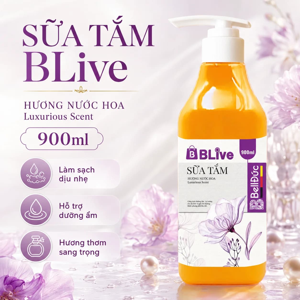 Sữa Tắm Cao Cấp Blive Hương Nước Hoa 900ml (Vuông vàng tem tím)