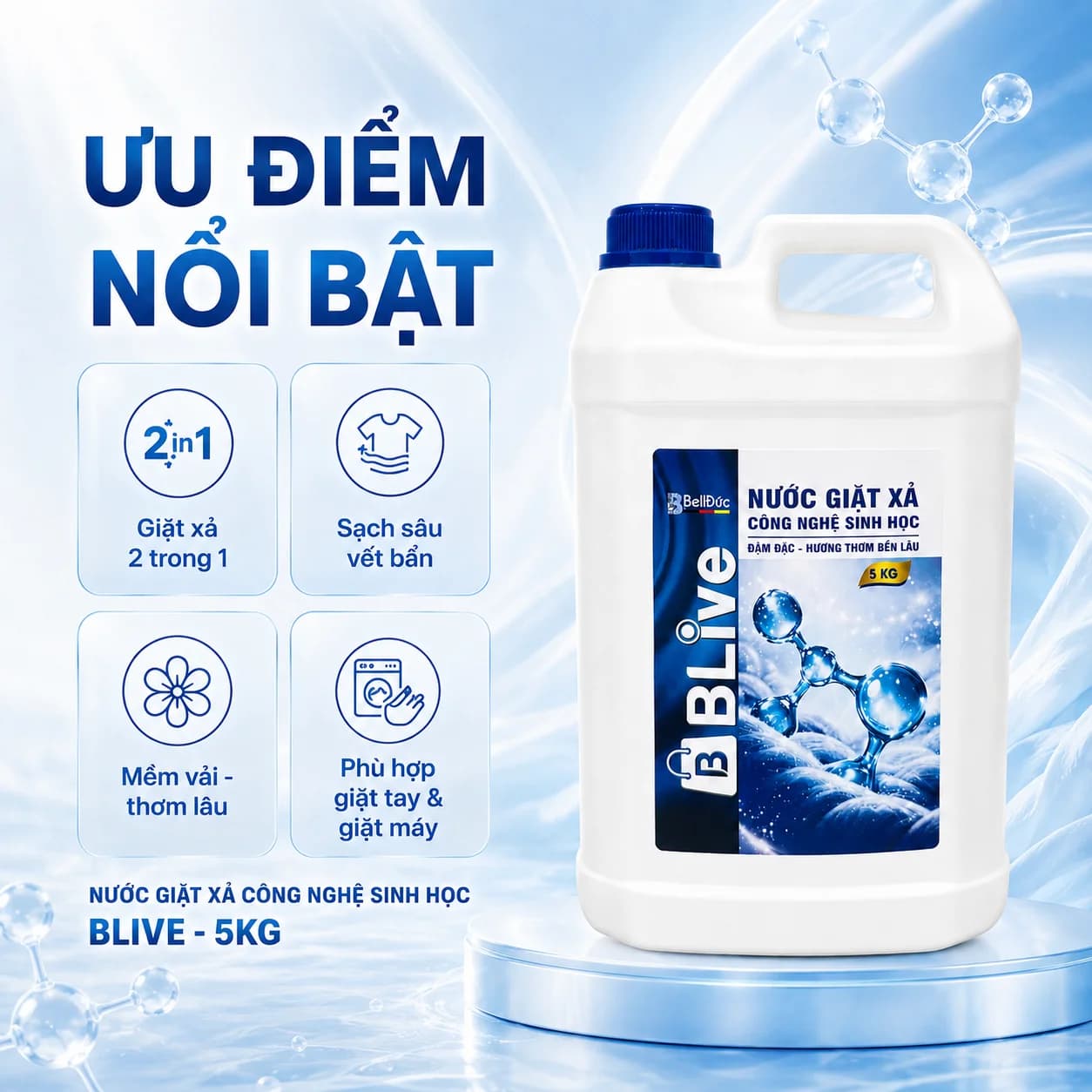 5kg Nước Giặt Xả Cao Cấp Công Nghệ Sinh Học Blive (Xanh Dương)
