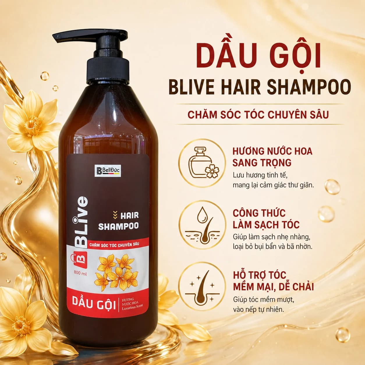 Dầu Gội Cao Cấp Blive Hair Shampoo Hương Nước Hoa 800ml (Chai tròn dẹt tem đỏ)