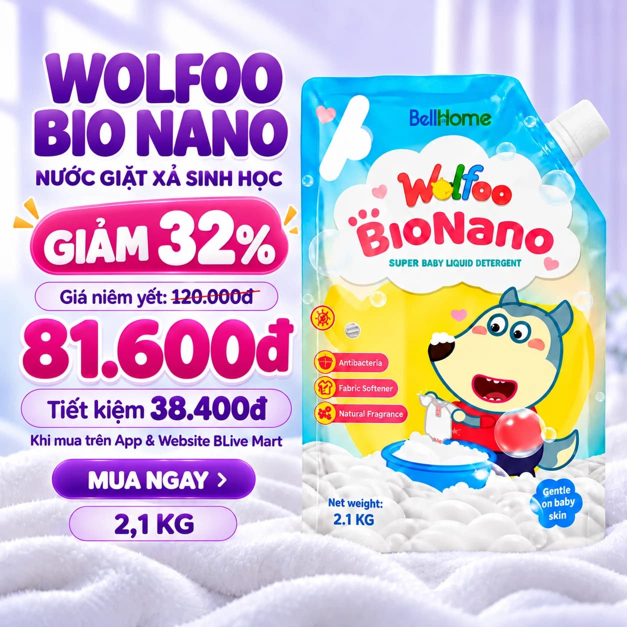 2,1kg Túi Nước Giặt Xả Cao Cấp Công Nghệ Sinh Học Dành Cho Bé Baby Wolfoo Siêu Lành Tính (Màu Xanh)