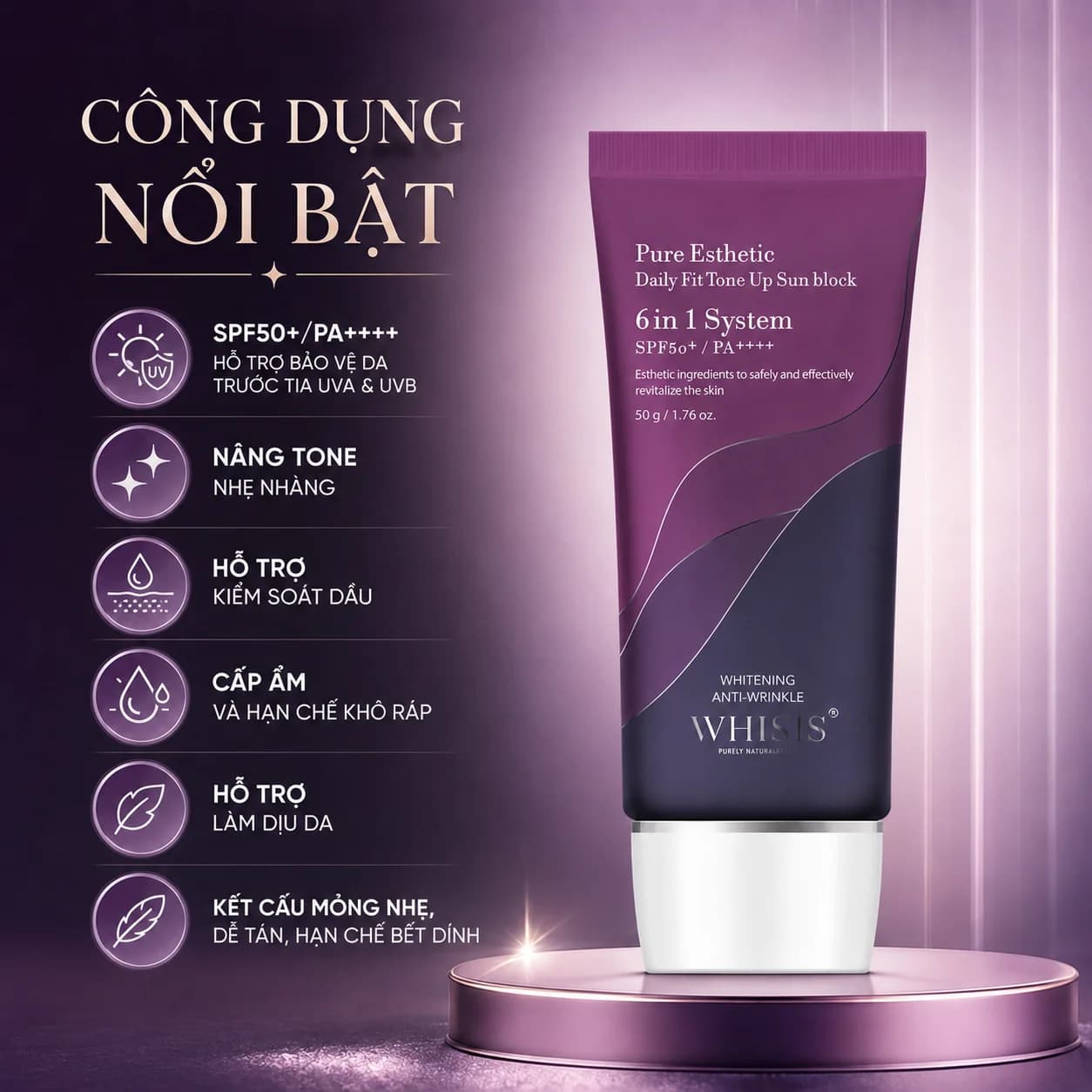 Kem Chống Nắng Cao Cấp Hàn Quốc Nâng Tone WHISIS Pure Esthetic Daily Fit Tone Up Sun Block (SPF50+/PA++++) 50g