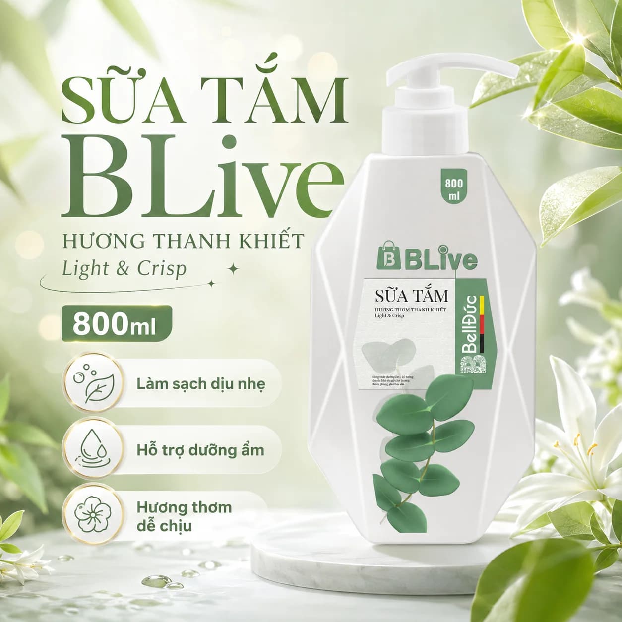 Sữa Tắm Cao Cấp Blive Hương Thanh Khiết 800ml (Quả trám tem xanh)