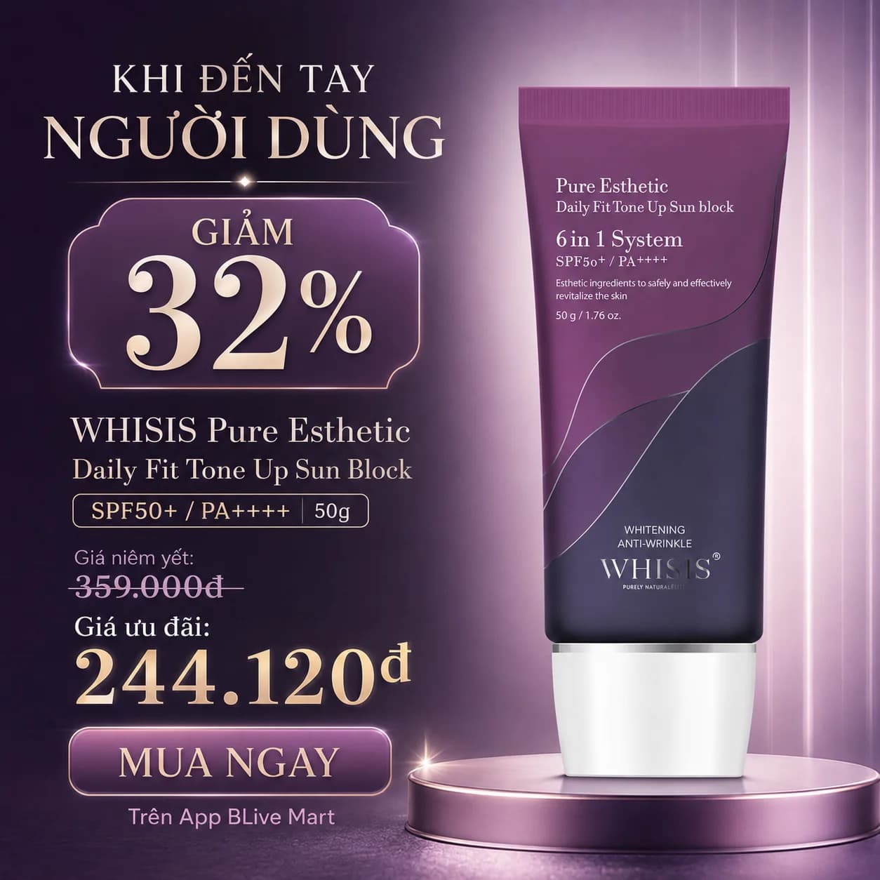 Kem Chống Nắng Cao Cấp Hàn Quốc Nâng Tone WHISIS Pure Esthetic Daily Fit Tone Up Sun Block (SPF50+/PA++++) 50g