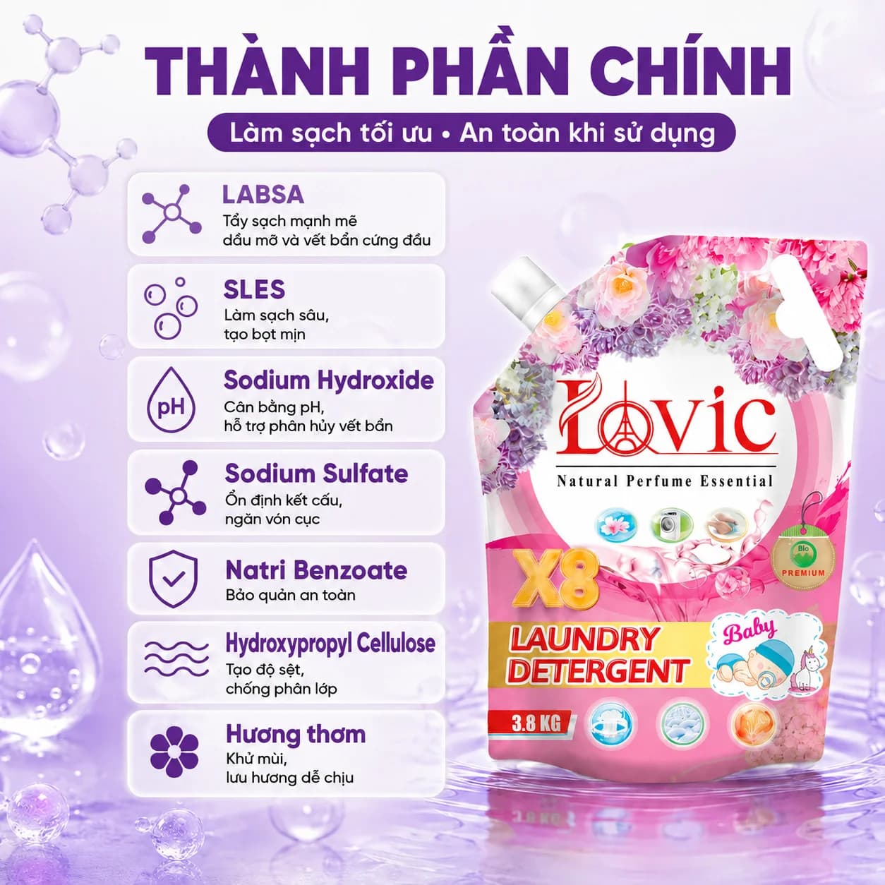 3,8kg Nước Giặt Xả Cao Cấp Công Nghệ Sinh Học Lovic Hương Hồng Xuân (Túi Hồng)