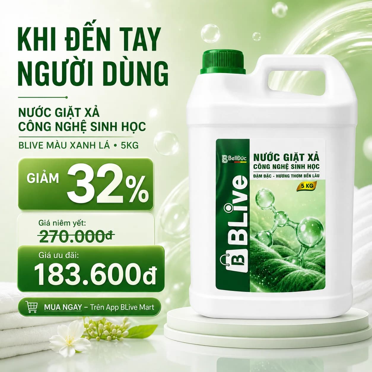 5kg Nước Giặt Xả Cao Cấp Công Nghệ Sinh Học Blive (Xanh Lá)