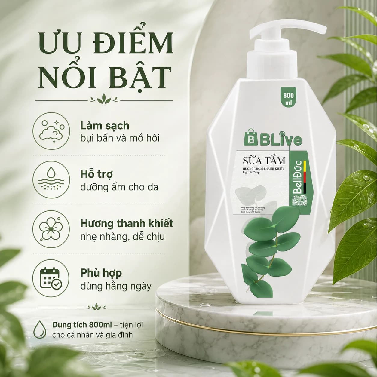 Sữa Tắm Cao Cấp Blive Hương Thanh Khiết 800ml (Quả trám tem xanh)
