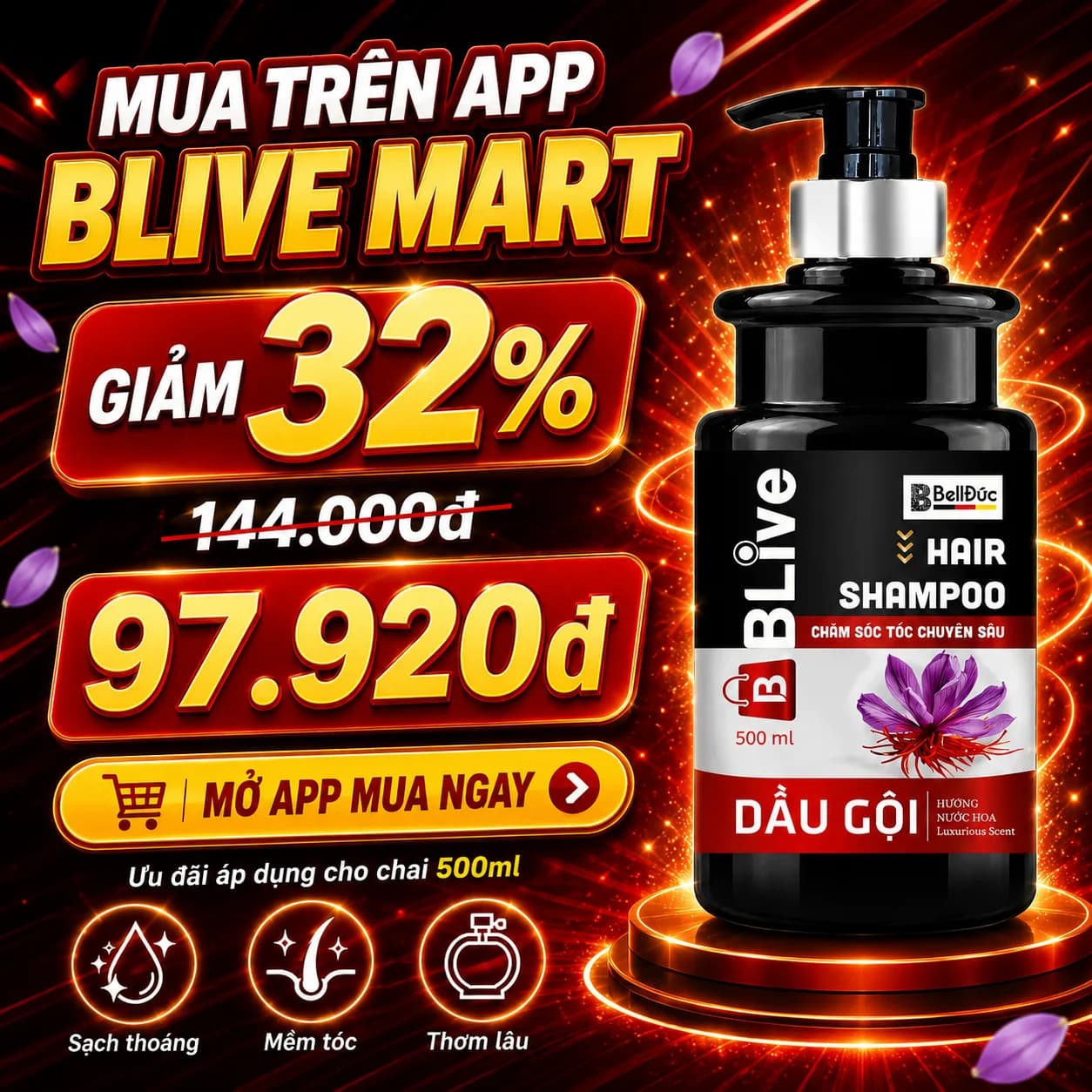 Dầu Gội Cao Cấp Blive Hair Shampoo Hương Nước Hoa 500ml (Chai tròn trụ đen tem đỏ)