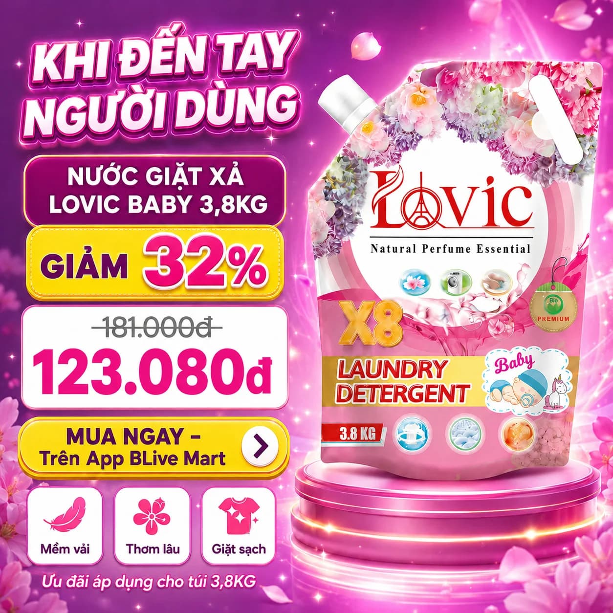 3,8kg Nước Giặt Xả Cao Cấp Công Nghệ Sinh Học Lovic Hương Hồng Xuân (Túi Hồng)