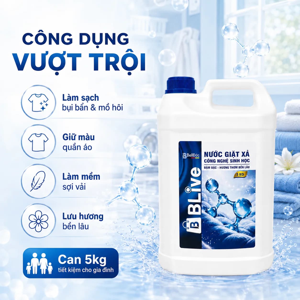 5kg Nước Giặt Xả Cao Cấp Công Nghệ Sinh Học Blive (Xanh Dương)