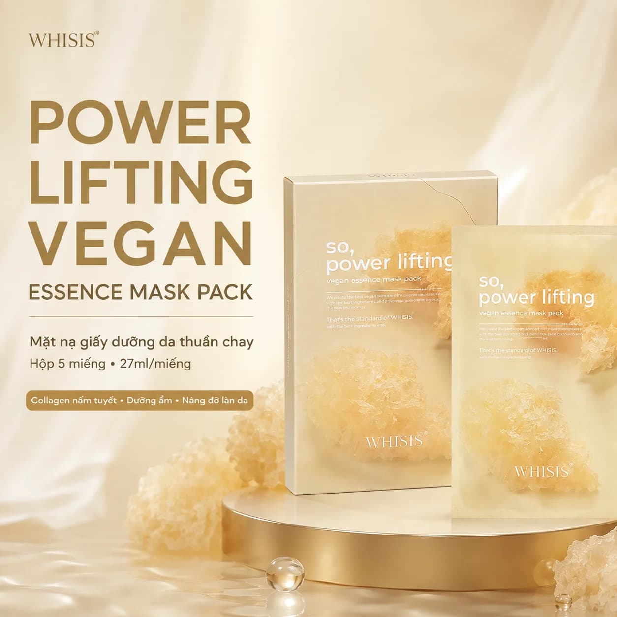 Mặt Nạ Giấy Dưỡng Da Thuần Chay Cao Cấp WHISIS Power Lifting Vegan Essence Mask Pack (27gx5 miếng)