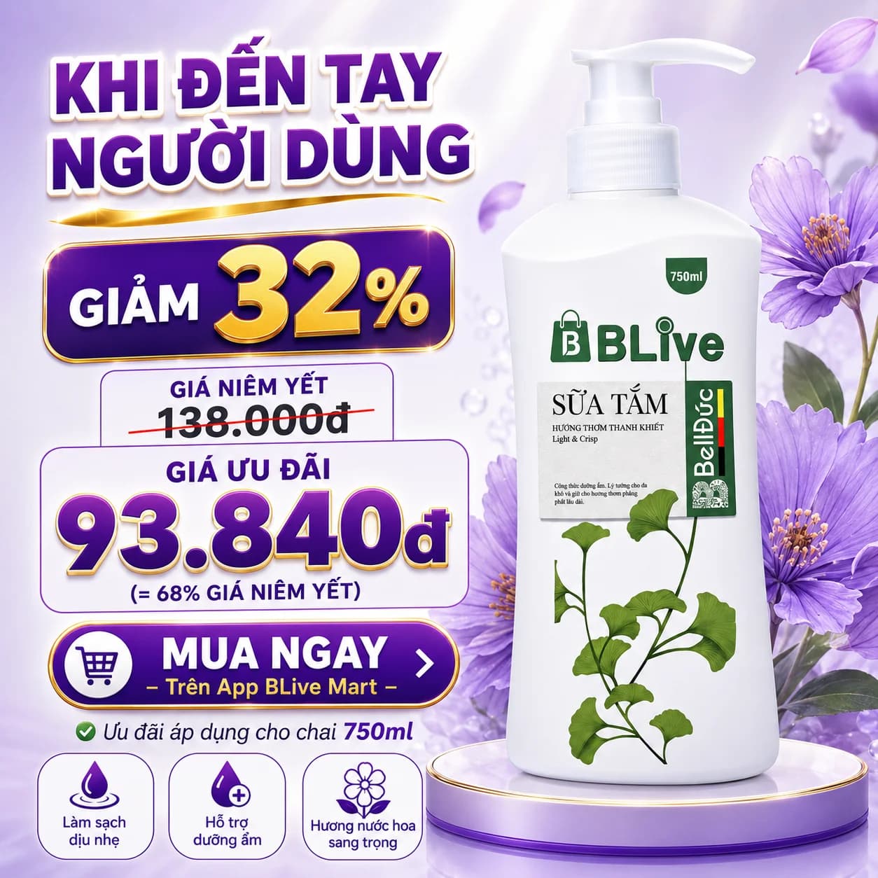 Sữa Tắm Cao Cấp Blive Hương Thơm Thanh Khiết 750ml (Chai hàn lùn xanh)