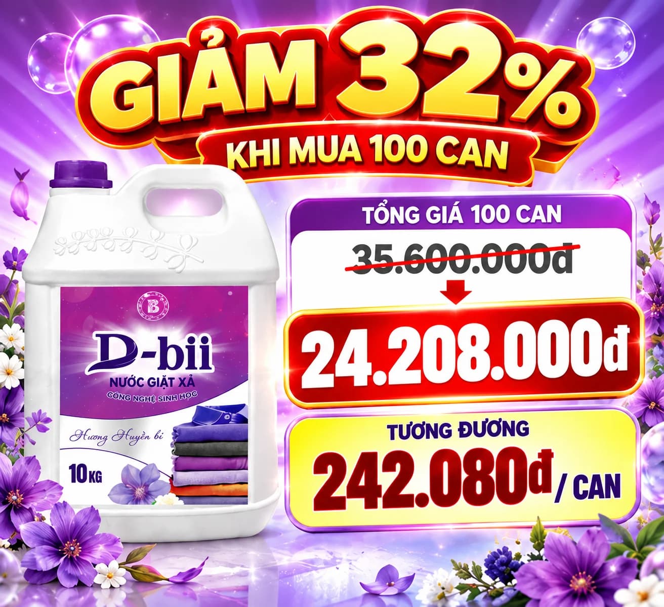 Mua Sỉ 100 Can (Tương Đương 242.080đ/Can 10kg) Nước Giặt Xả Công Nghệ Sinh Học Dbii Hương Huyền Bí