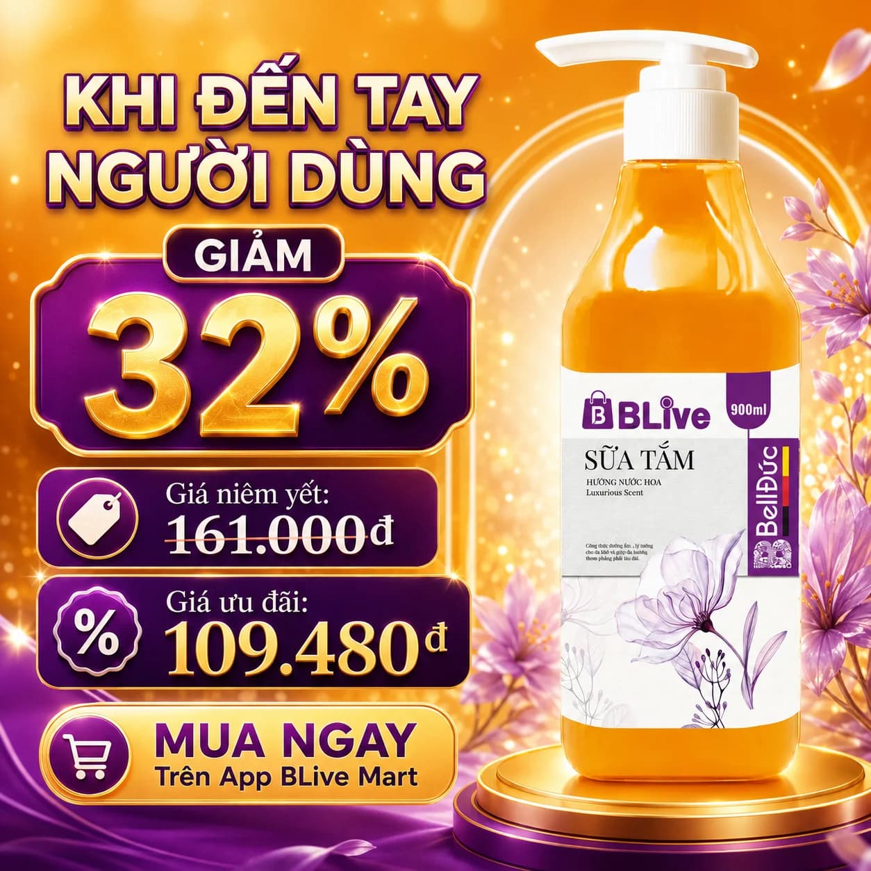 Sữa Tắm Cao Cấp Blive Hương Nước Hoa 900ml (Vuông vàng tem tím)