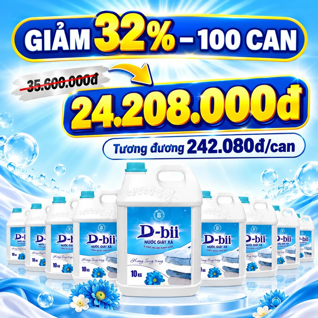Mua Sỉ 100 Can (Tương Đương 242.080đ/Can 10kg) Nước Giặt Xả Công Nghệ Sinh Học Dbii Hương Sang Trọng