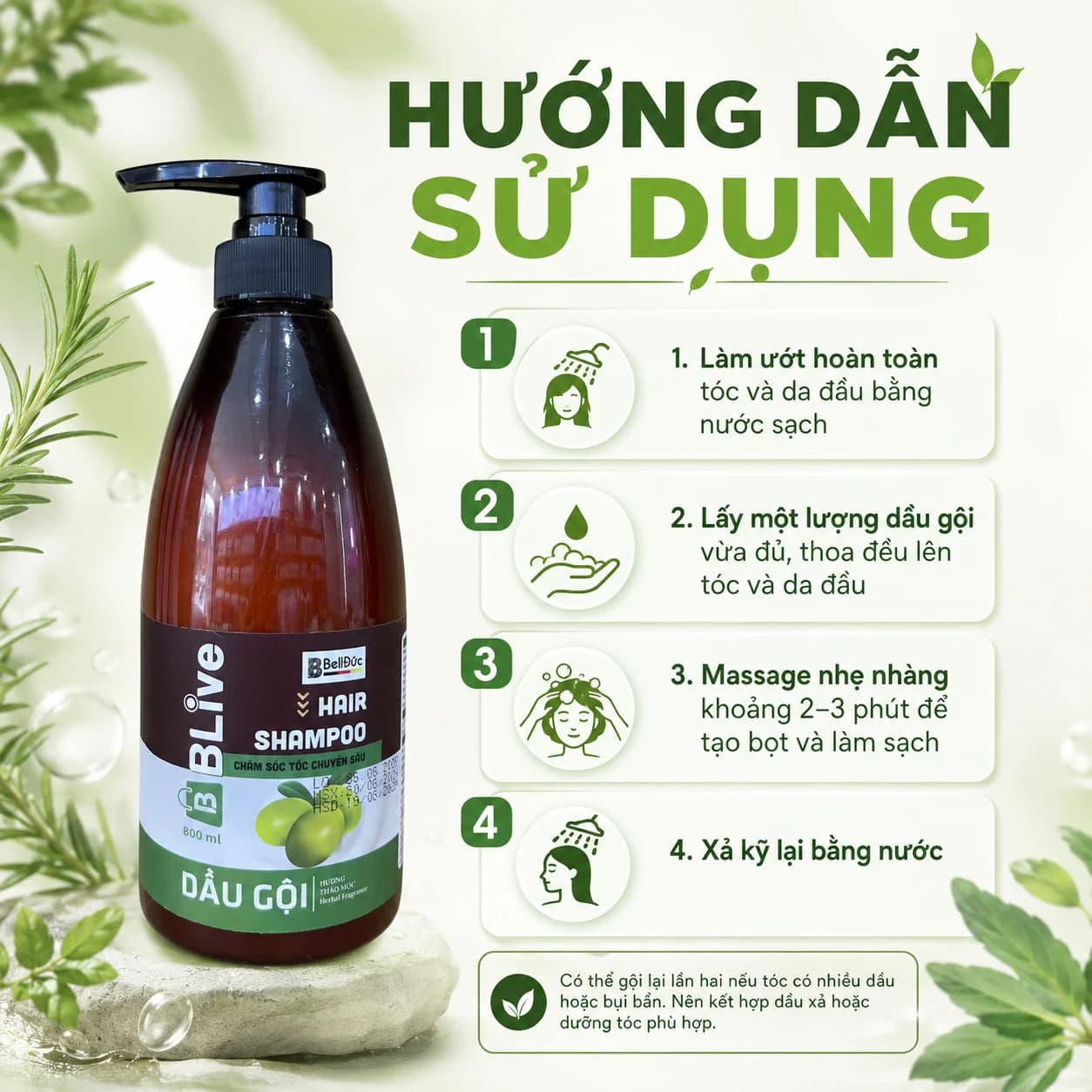 Dầu Gội Cao Cấp BLive Hair Shampoo Hương Thảo Mộc 800ml (Chai tròn nâu tem xanh)