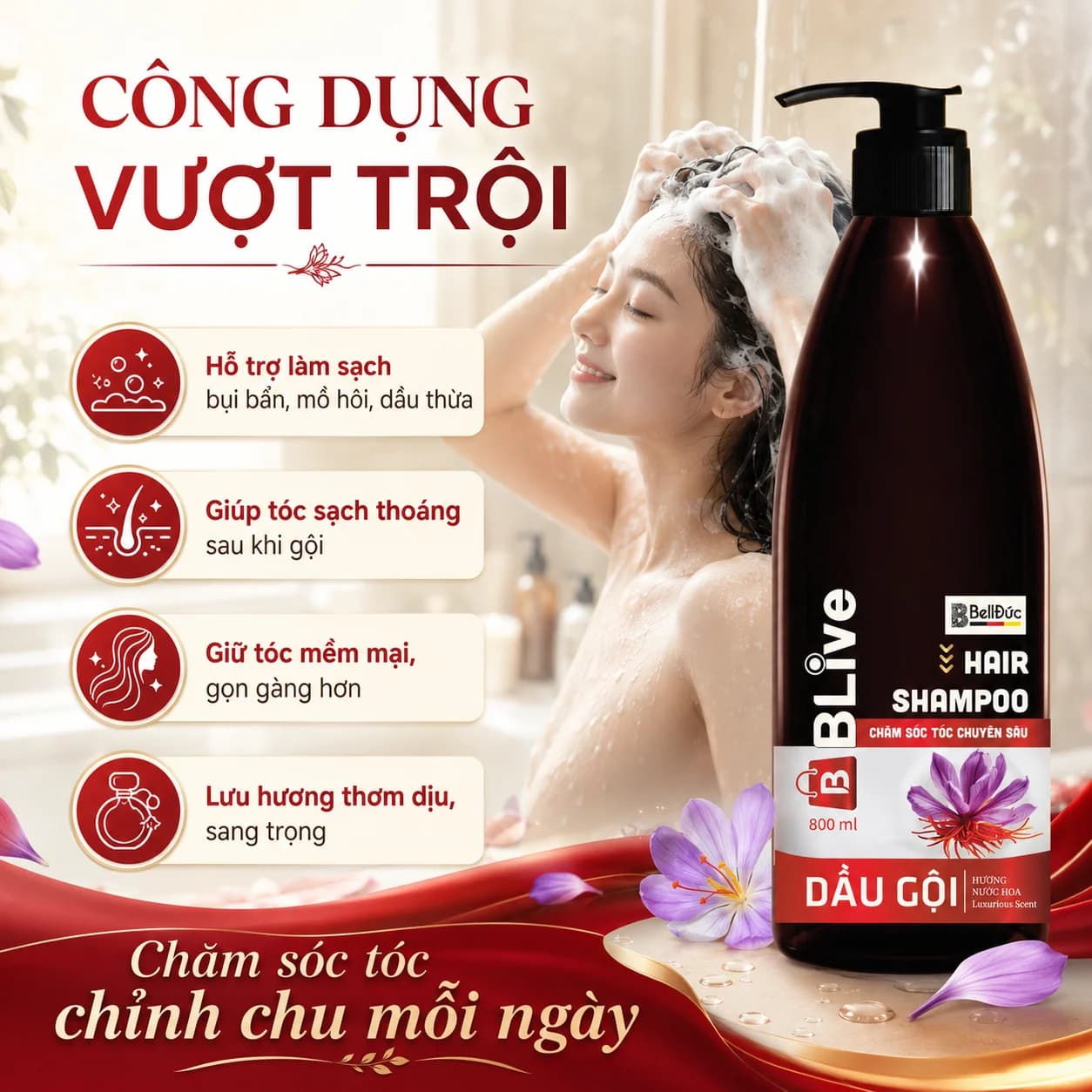 Dầu Gội Cao Cấp Blive Hair Shampoo Hương Nước Hoa 800ml (Chai tròn nâu tem đỏ)