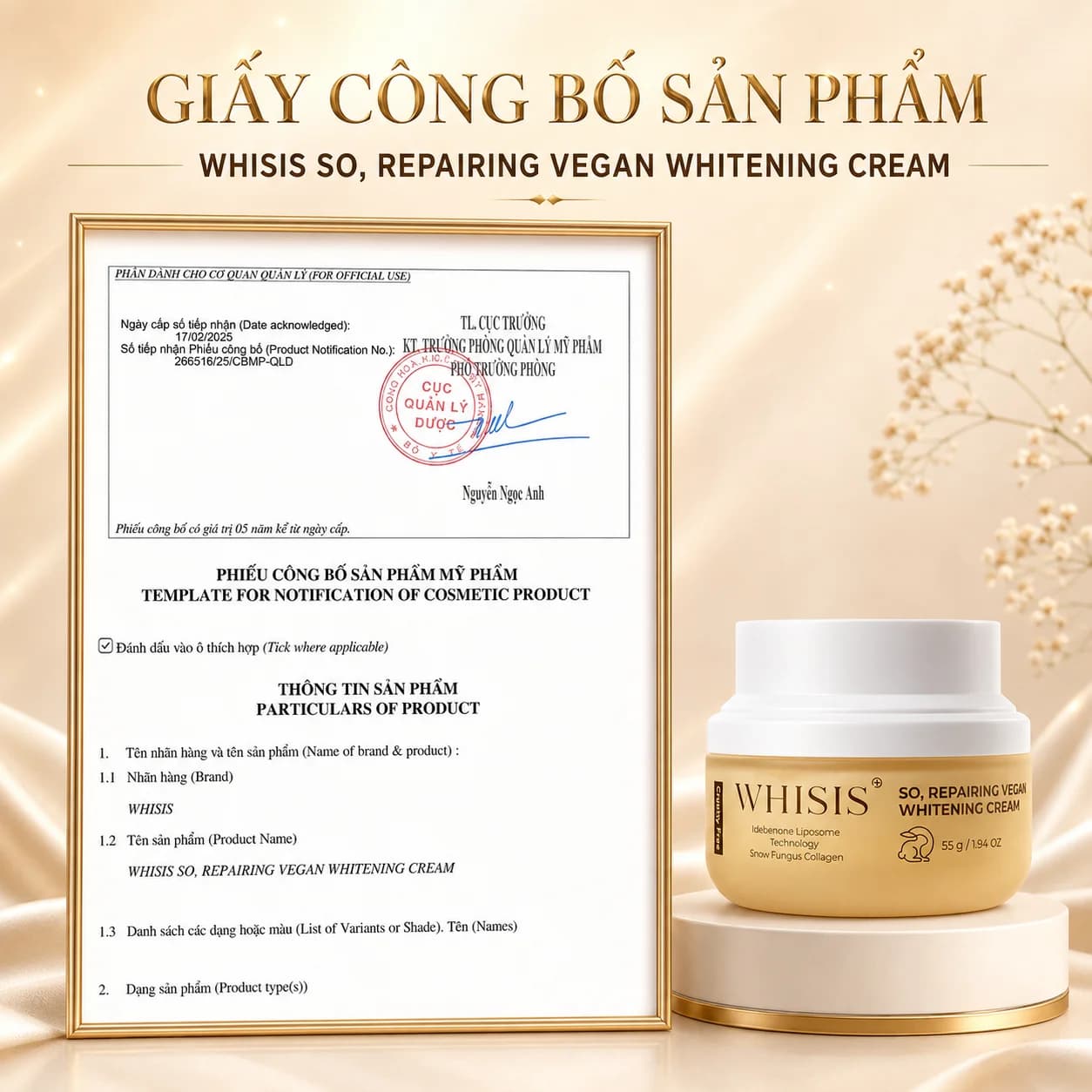 Kem Dưỡng Trắng Thuần Chay Cải Thiện Sạm Nám WHISIS So Repairing Vegan Whitening Cream (50g)