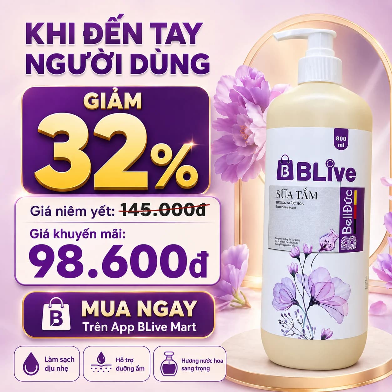 Sữa Tắm Cao Cấp Blive Hương Nước Hoa 800ml (Chai tròn HD tem tím)