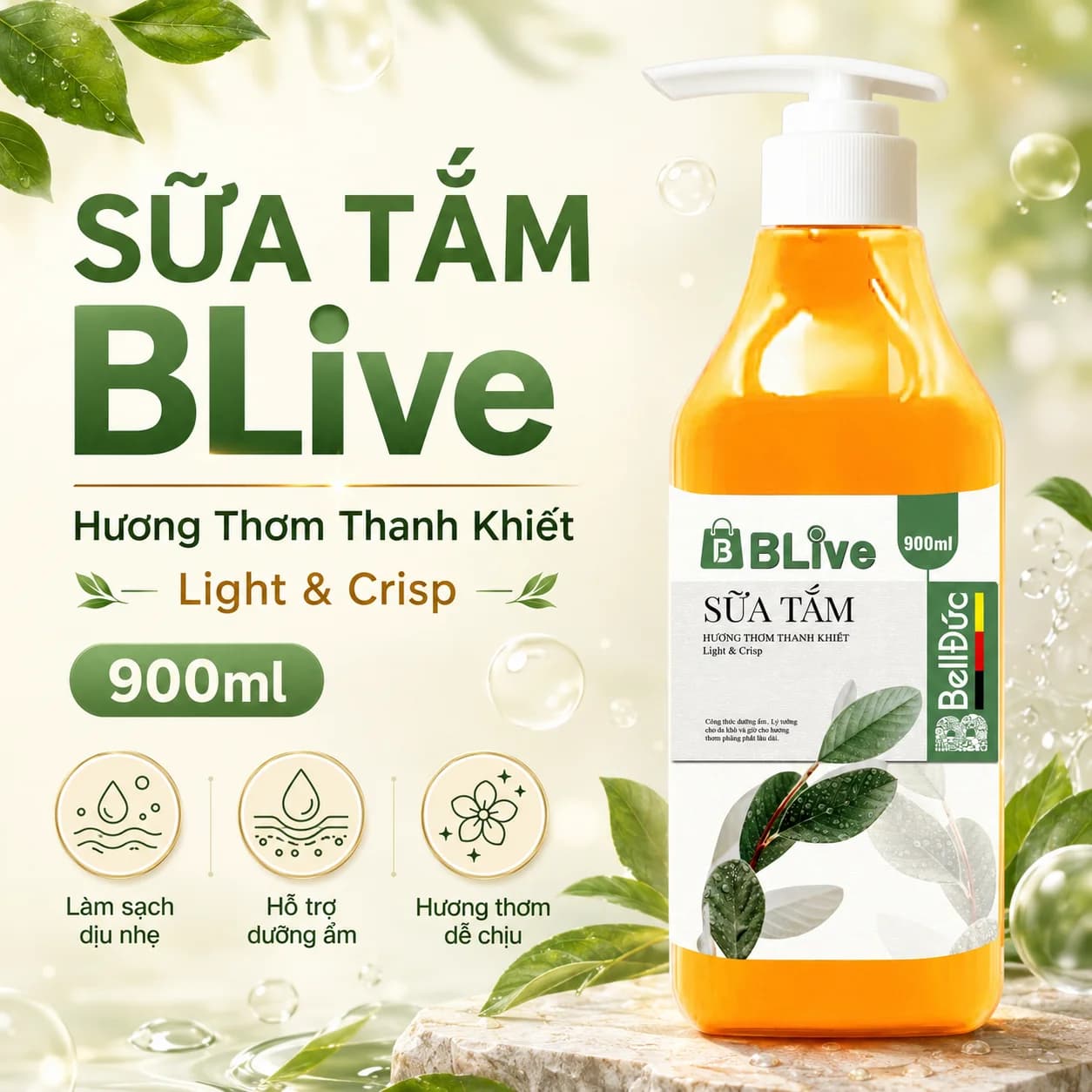 Sữa Tắm Cao Cấp Blive Hương Thơm Thanh Khiết 900ml (Vuông vàng tem xanh)