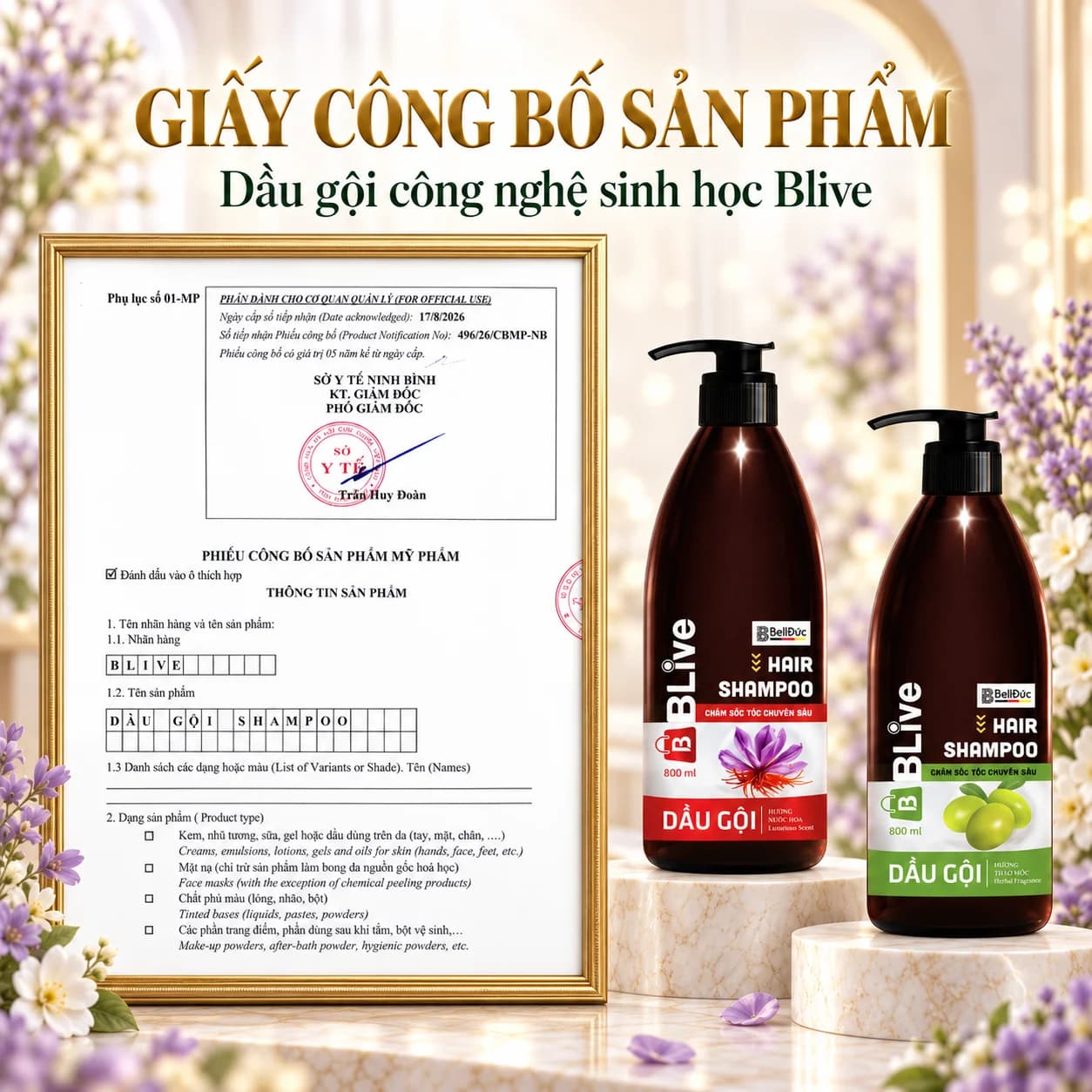Dầu Gội Cao Cấp BLive Hair Shampoo Hương Thảo Mộc 800ml (Chai tròn nâu tem xanh)