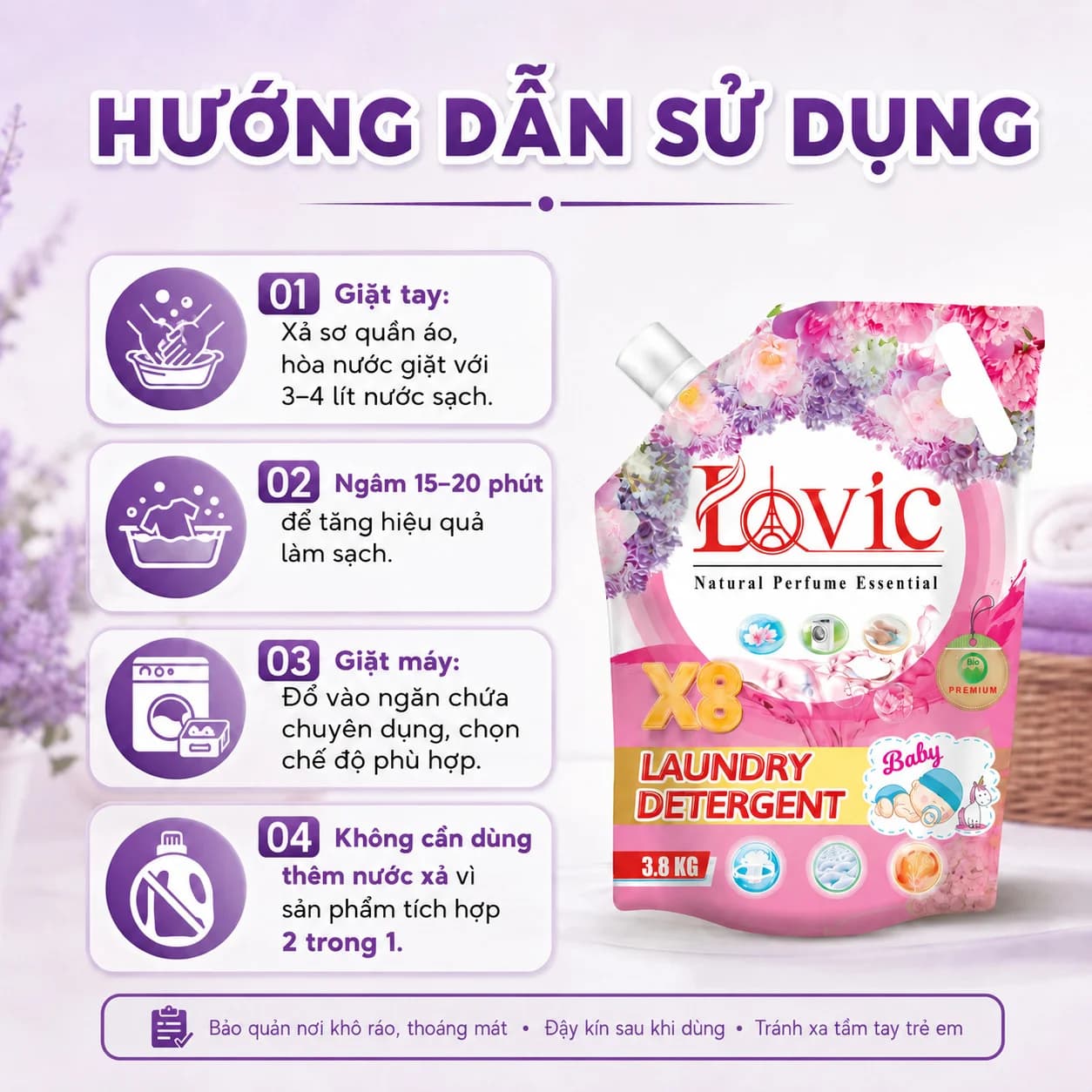 3,8kg Nước Giặt Xả Cao Cấp Công Nghệ Sinh Học Lovic Hương Hồng Xuân (Túi Hồng)