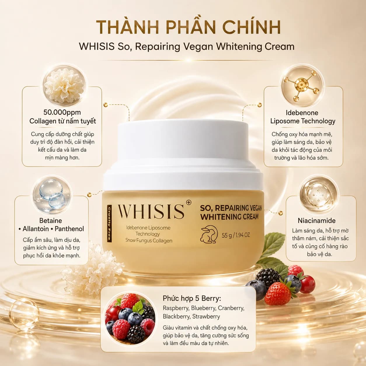 Kem Dưỡng Trắng Thuần Chay Cải Thiện Sạm Nám WHISIS So Repairing Vegan Whitening Cream (50g)