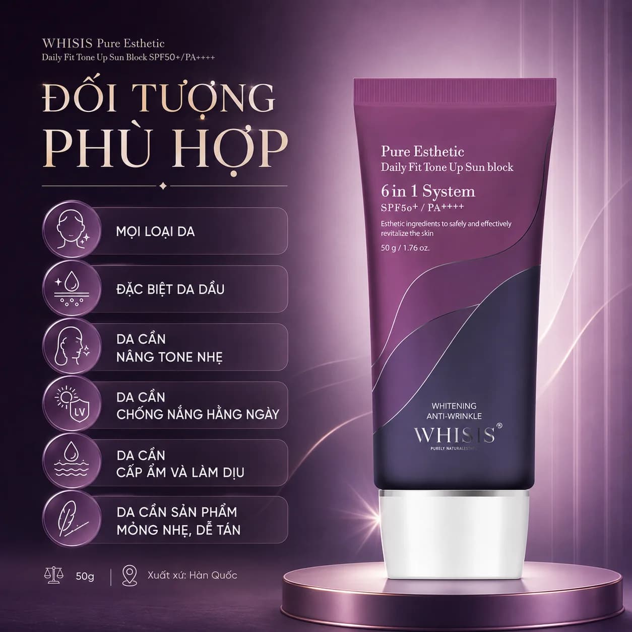 Kem Chống Nắng Cao Cấp Hàn Quốc Nâng Tone WHISIS Pure Esthetic Daily Fit Tone Up Sun Block (SPF50+/PA++++) 50g