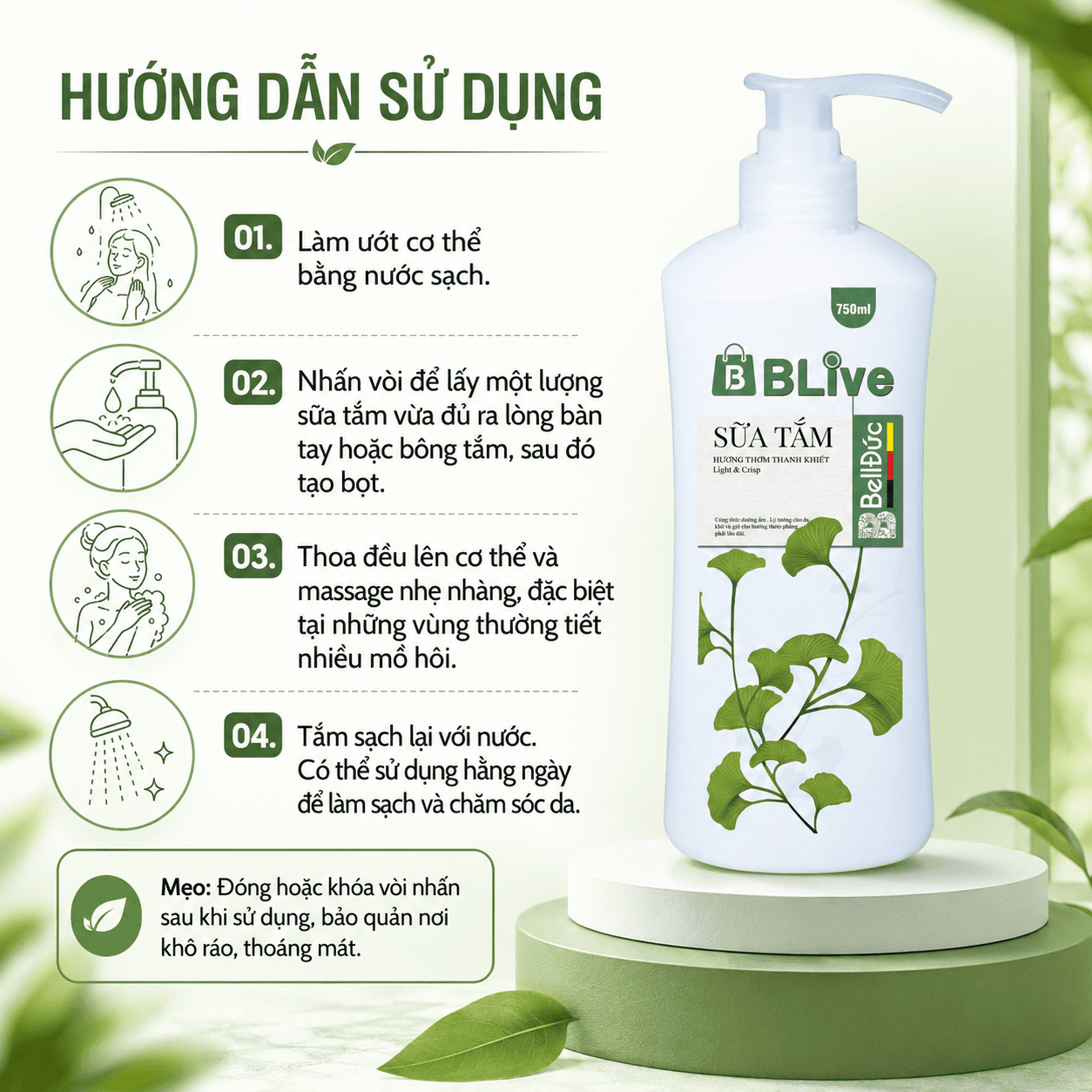Sữa Tắm Cao Cấp Blive Hương Thơm Thanh Khiết 750ml (Chai hàn lùn xanh)