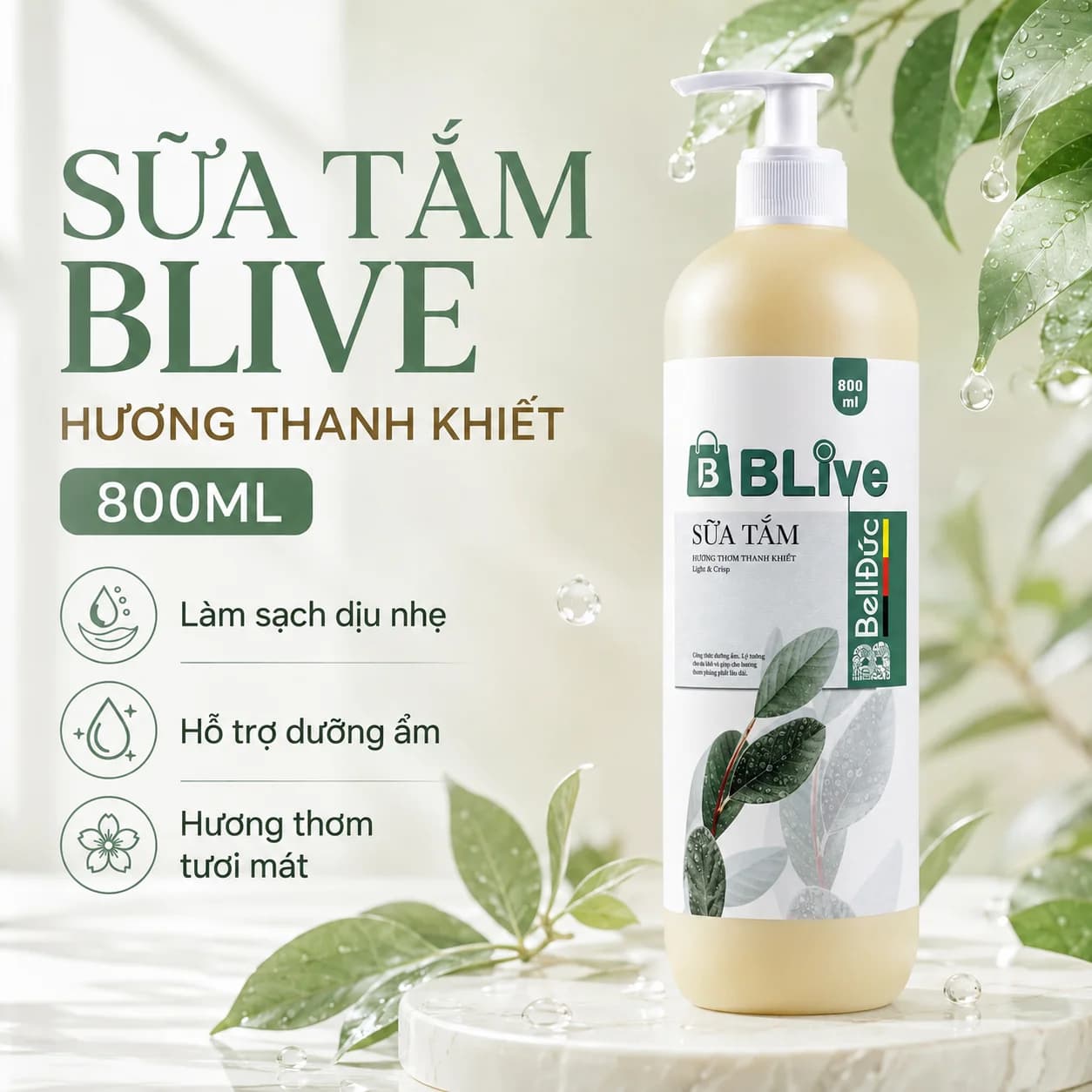Sữa Tắm Cao Cấp Blive Hương Thanh Khiết 800ml (Chai tròn HD tem tím)