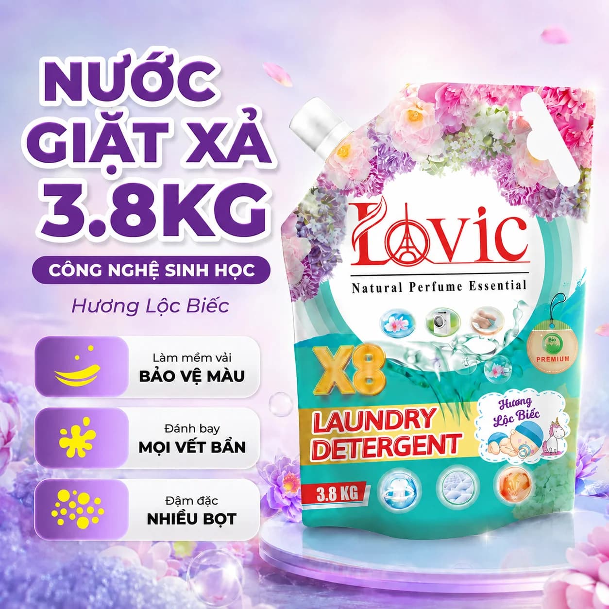 3,8kg Nước Giặt Xả Cao Cấp Công Nghệ Sinh Học Lovic Hương Lộc Biếc (Túi Xanh)