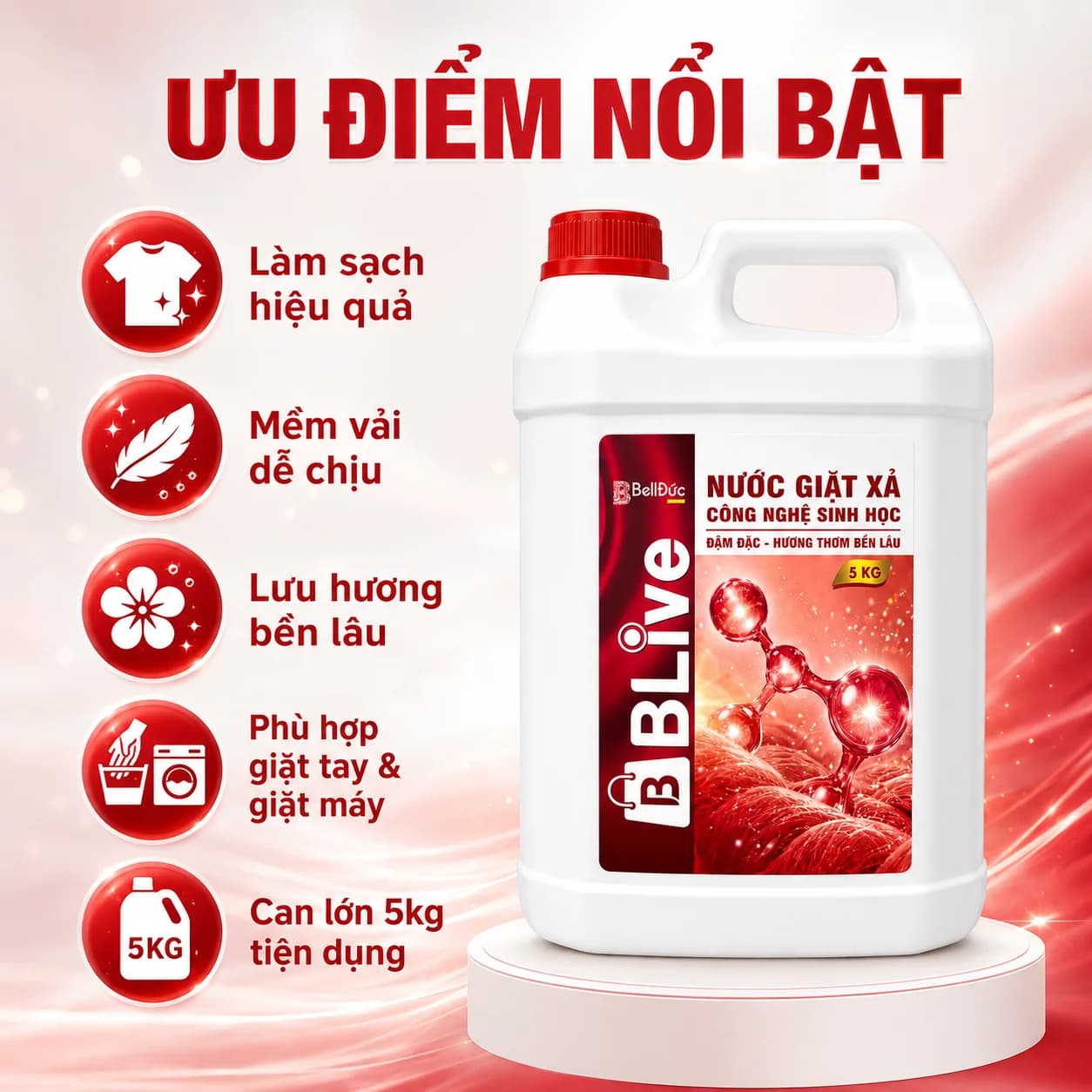 5kg Nước Giặt Xả Cao Cấp Công Nghệ Sinh Học Blive (Màu Đỏ)