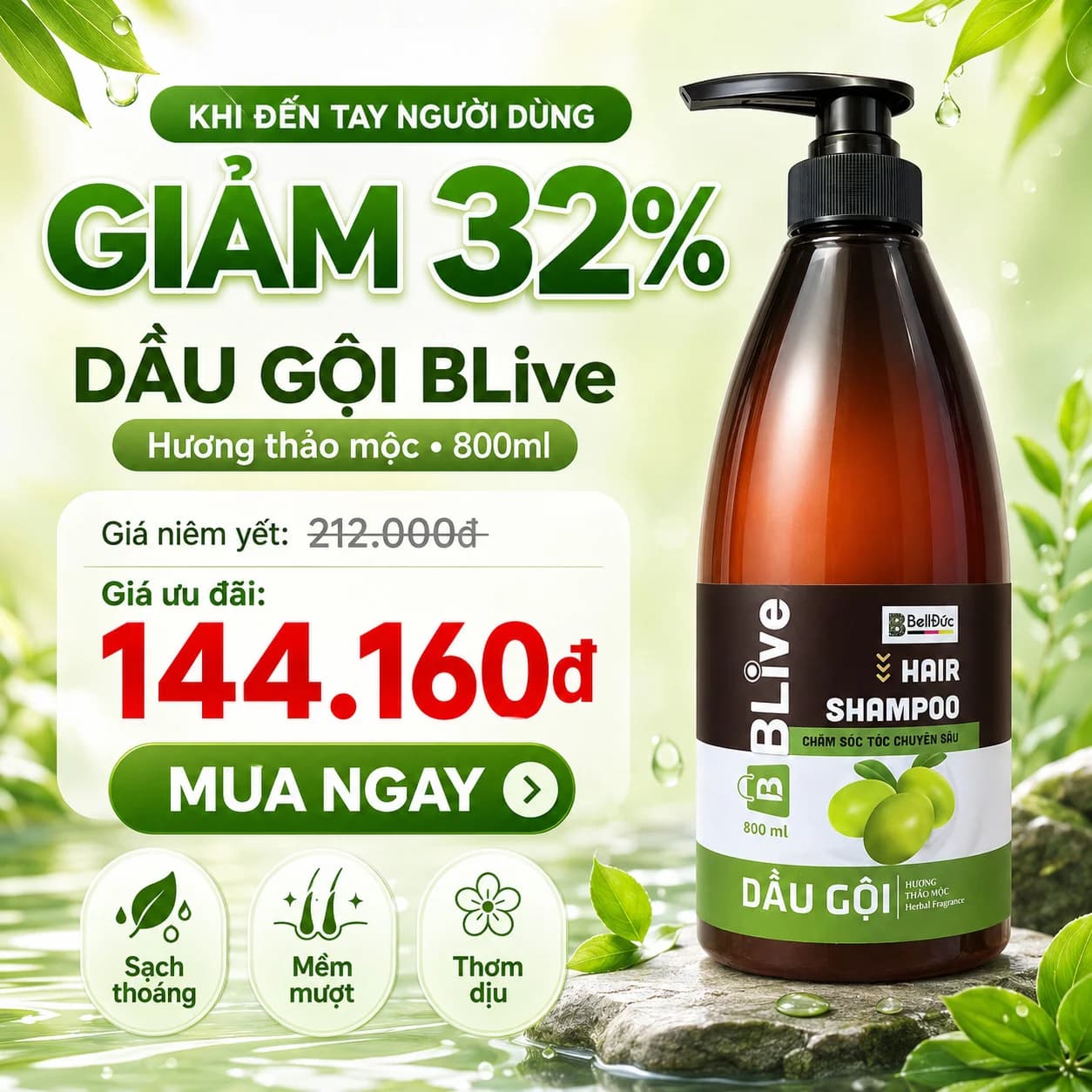 Dầu Gội Cao Cấp BLive Hair Shampoo Hương Thảo Mộc 800ml (Chai tròn nâu tem xanh)