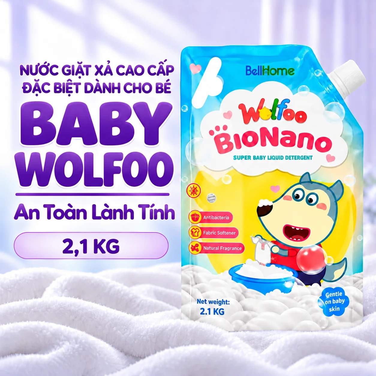 2,1kg Túi Nước Giặt Xả Cao Cấp Công Nghệ Sinh Học Dành Cho Bé Baby Wolfoo Siêu Lành Tính (Màu Xanh)