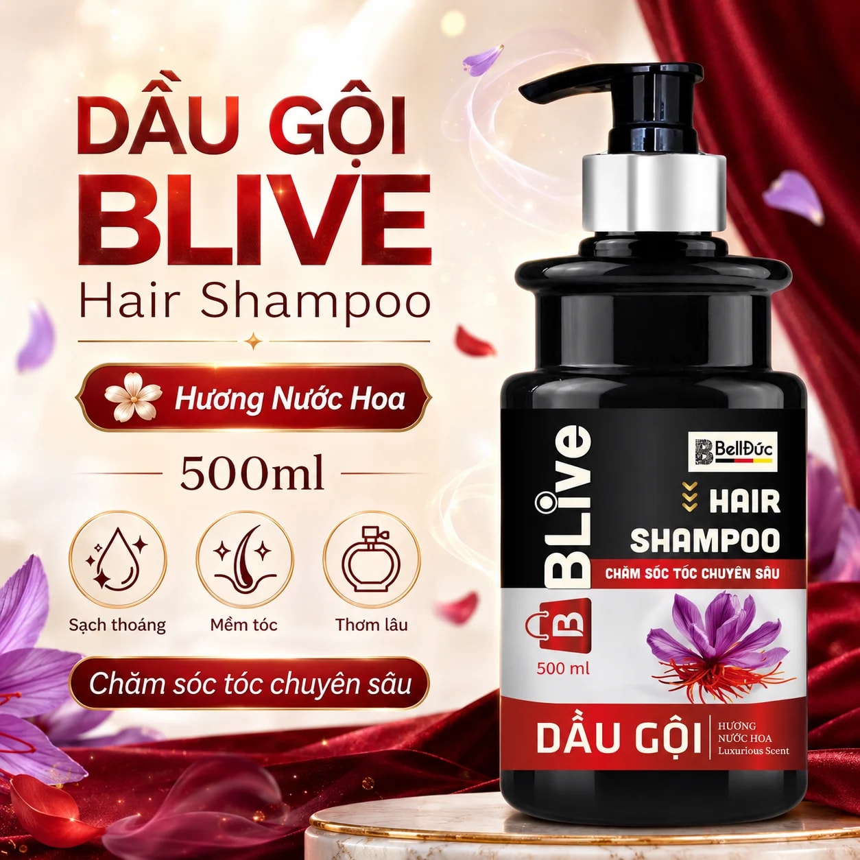 Dầu Gội Cao Cấp Blive Hair Shampoo Hương Nước Hoa 500ml (Chai tròn trụ đen tem đỏ)