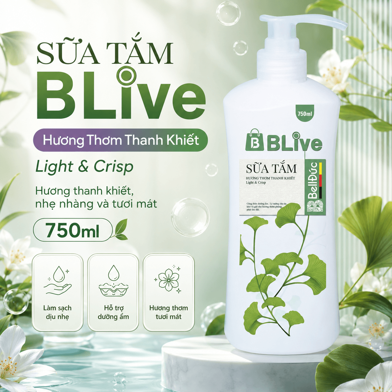 Sữa Tắm Cao Cấp Blive Hương Thơm Thanh Khiết 750ml (Chai hàn lùn xanh)
