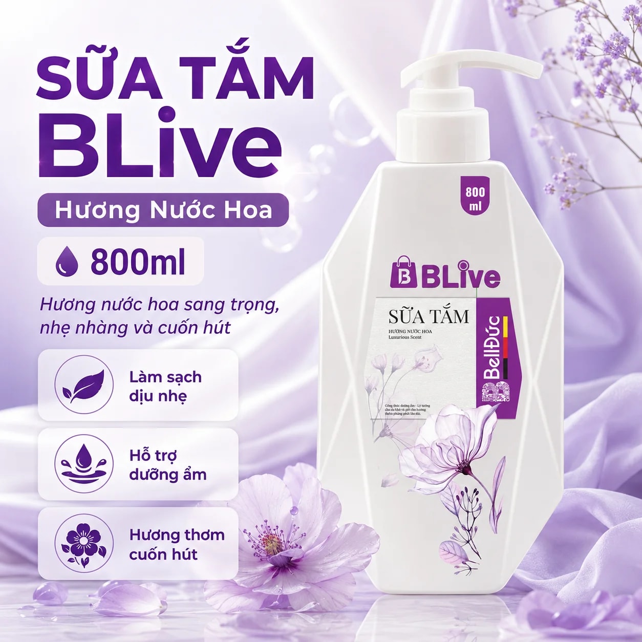 Sữa Tắm Cao Cấp Blive Hương Nước Hoa 800ml (Quả trám tem tím)