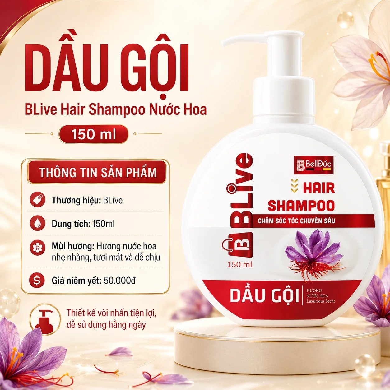 Dầu Gội Cao Cấp BLive Hair Shampoo Nước Hoa 150ml (Chai tròn dẹt tem đỏ)
