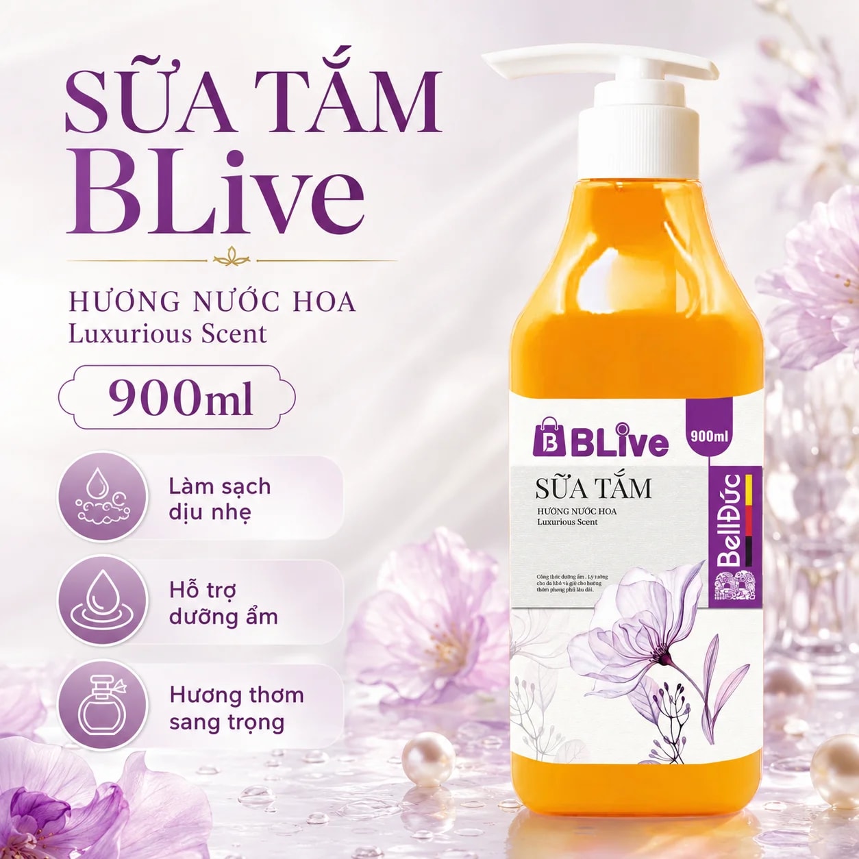 Sữa Tắm Cao Cấp Blive Hương Nước Hoa 900ml (Vuông vàng tem tím)