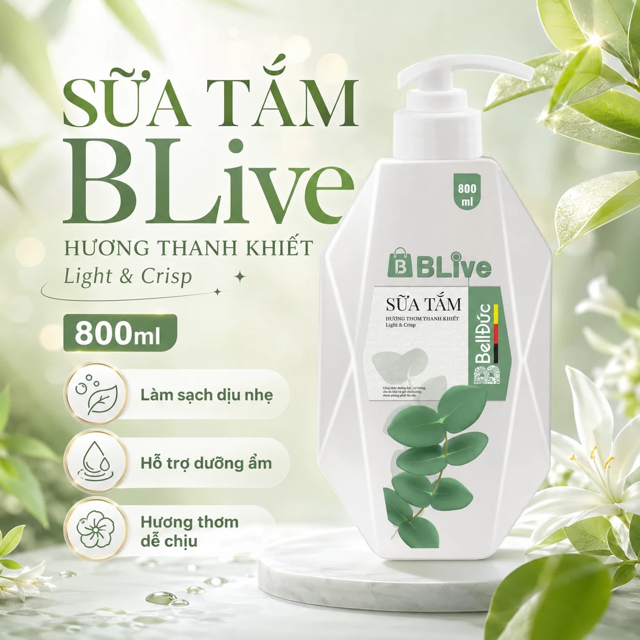 Sữa Tắm Cao Cấp Blive Hương Thanh Khiết 800ml (Quả trám tem xanh)