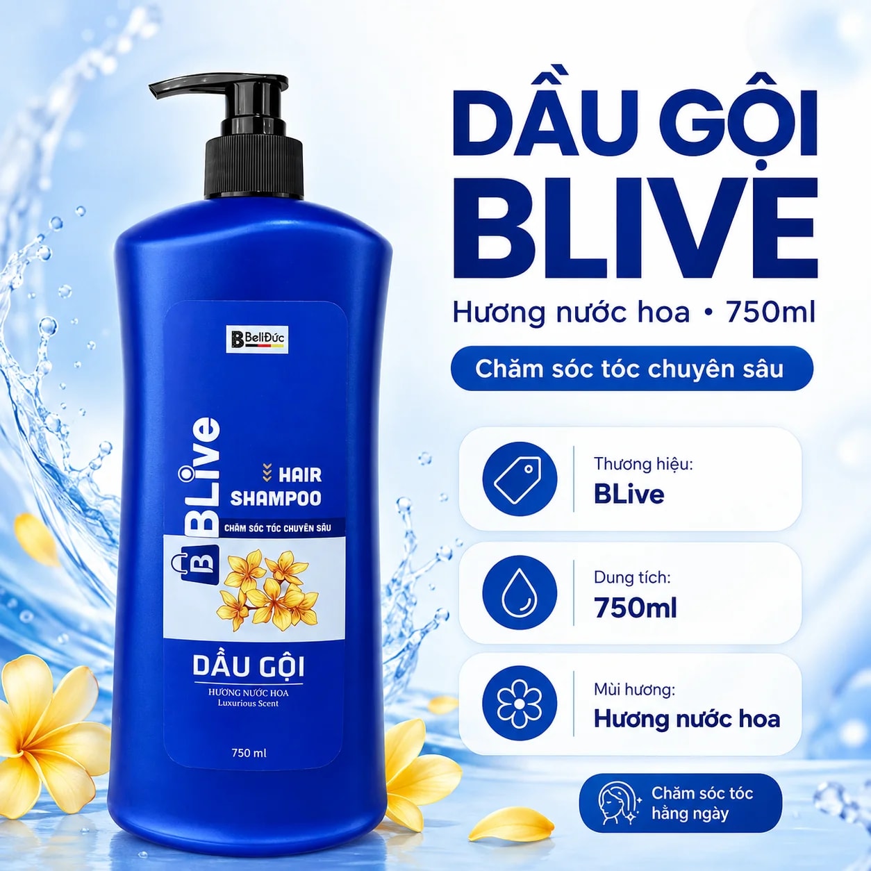Dầu gội Cao Cấp BLive Hair Shampoo Nước Hoa 750ml (Chai lùn xanh)
