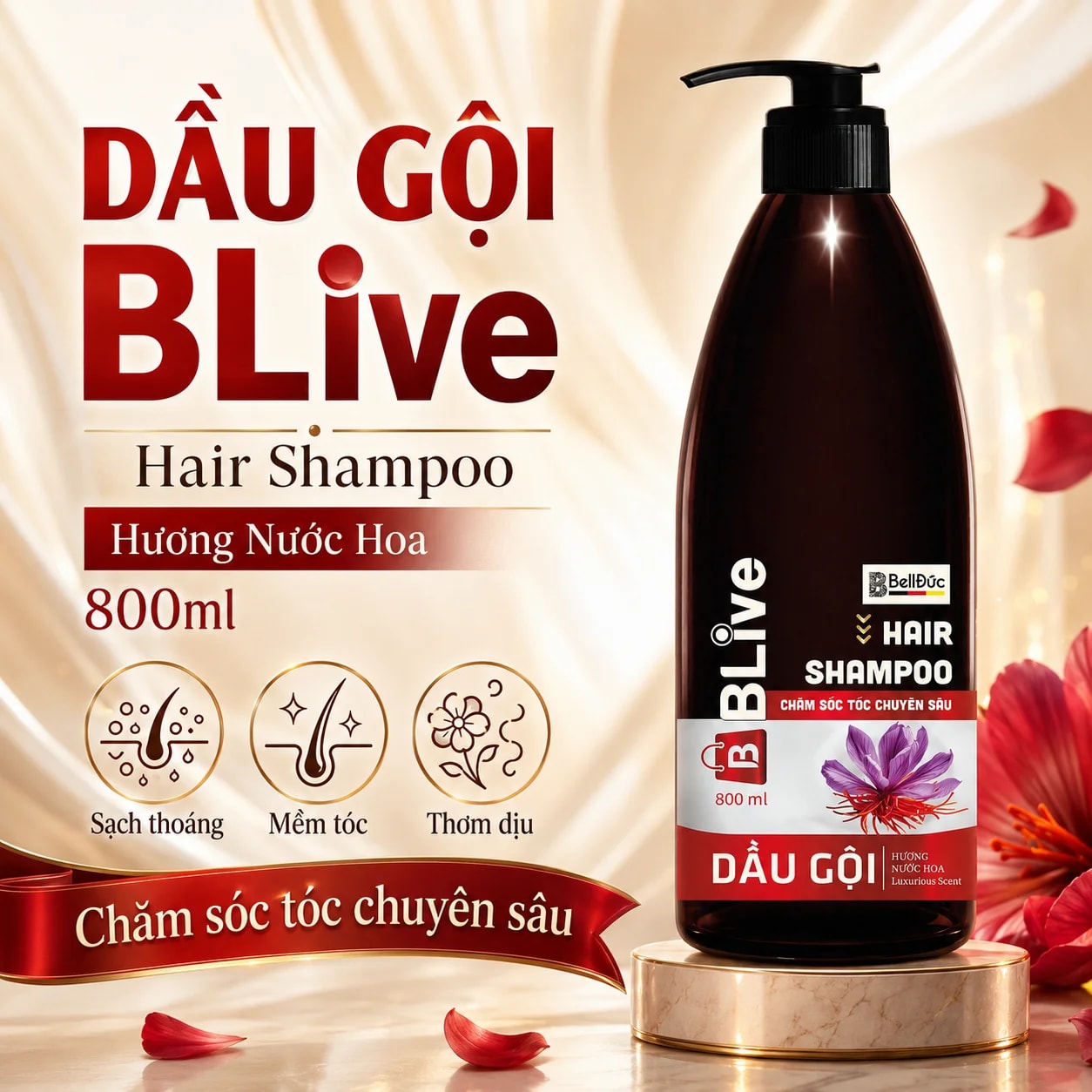 Dầu Gội Cao Cấp Blive Hair Shampoo Hương Nước Hoa 800ml (Chai tròn nâu tem đỏ)